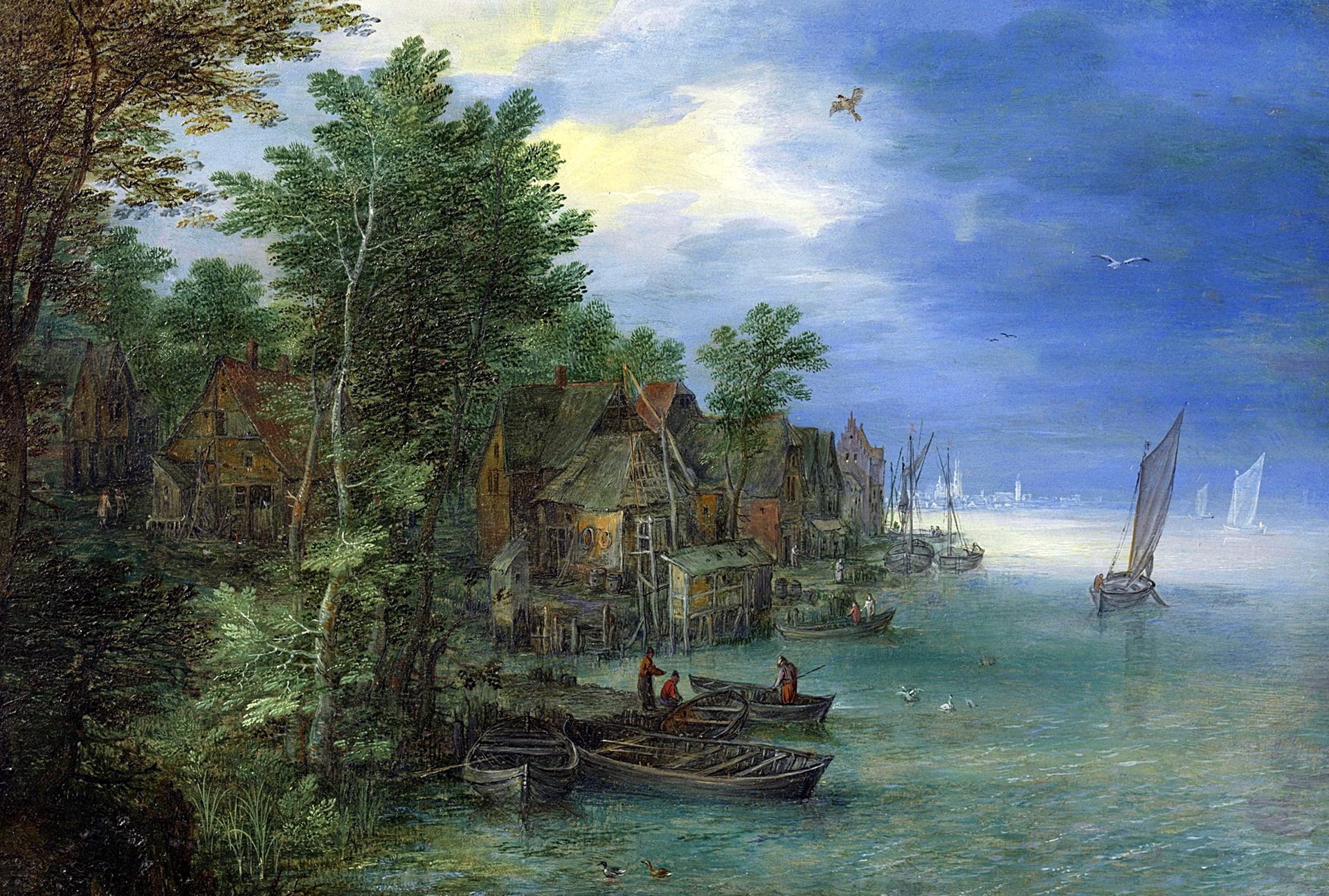 Village on the Banks of the River, landscape, picture, Jan Brueghel the elder, 1080P, HD Wallpaper