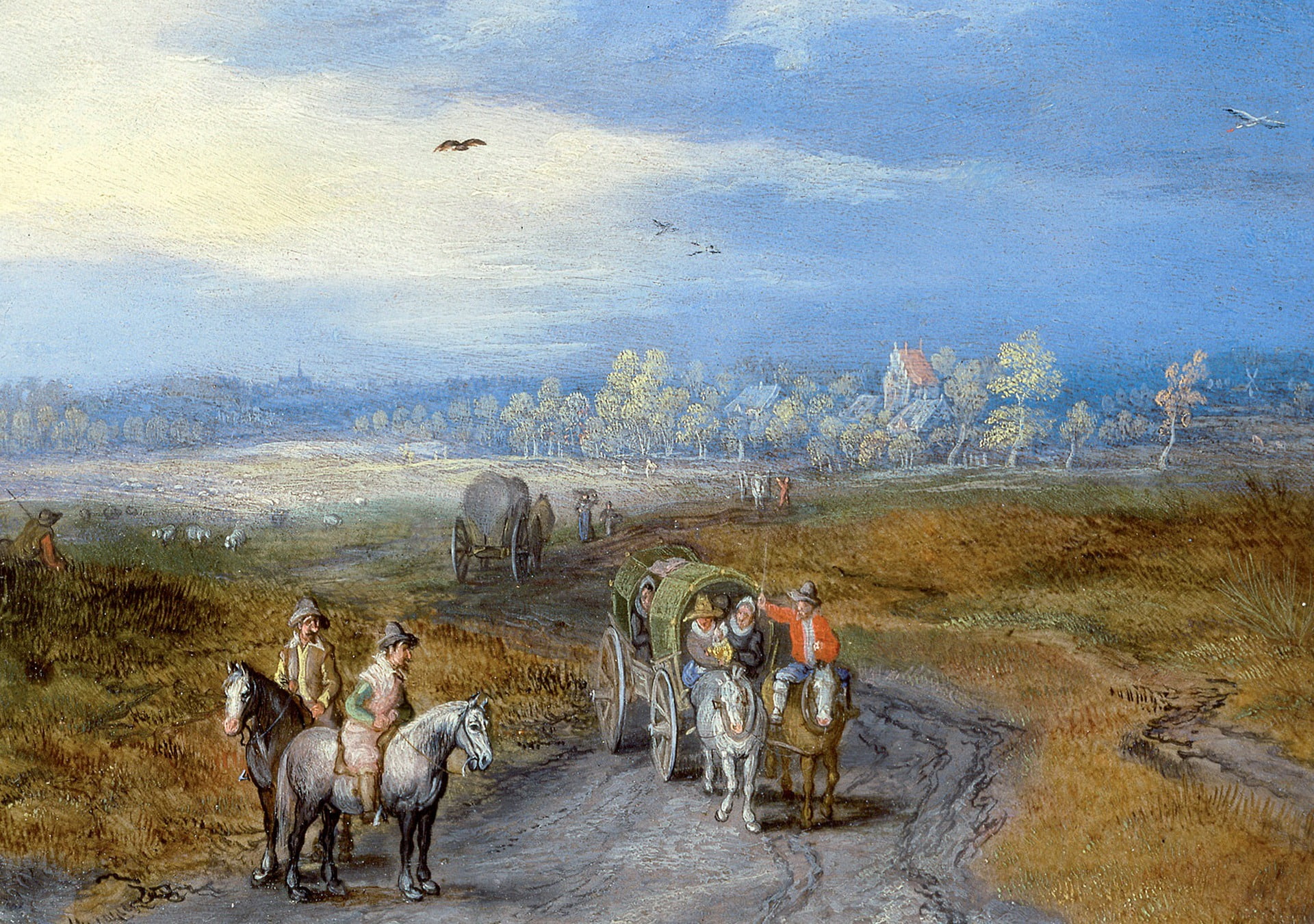 1080P, wagon, riders, Jan Brueghel the elder, picture, road, A landscape with Travelers, HD Wallpaper