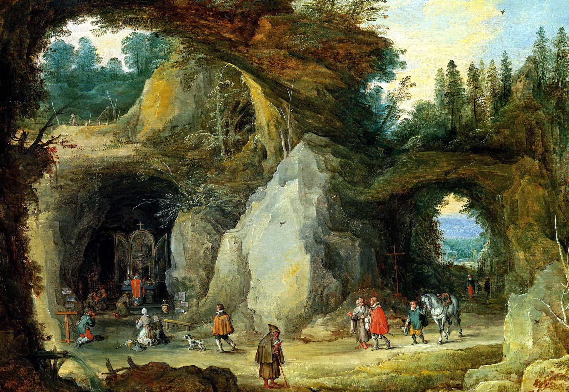 genre, 1080P, Jan Brueghel the elder, Mountain Landscape with Pilgrims at a Chapel in the Grotto, picture, HD Wallpaper