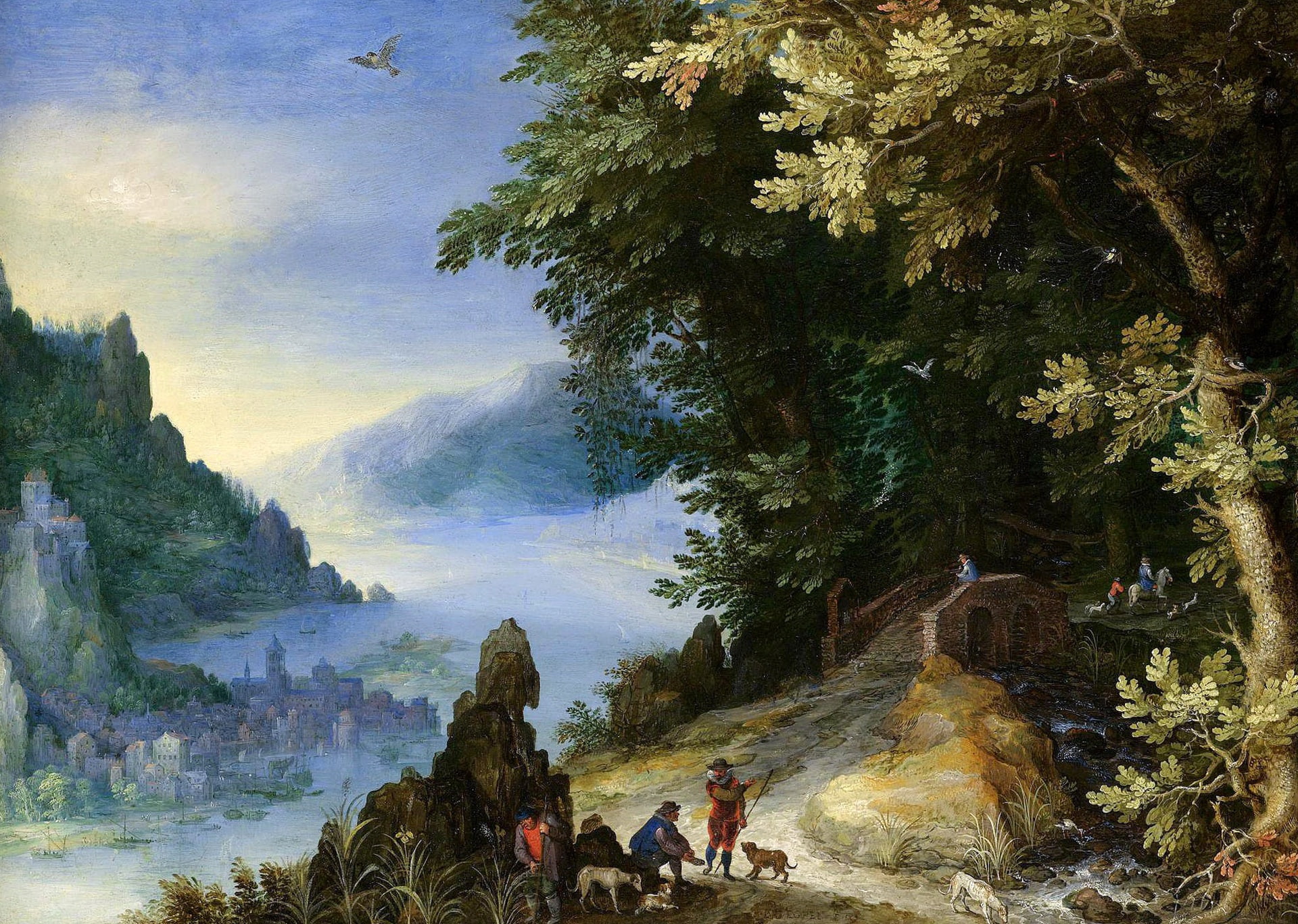 Jan Brueghel the elder, picture, 1080P, A rocky River Landscape with Travellers, HD Wallpaper