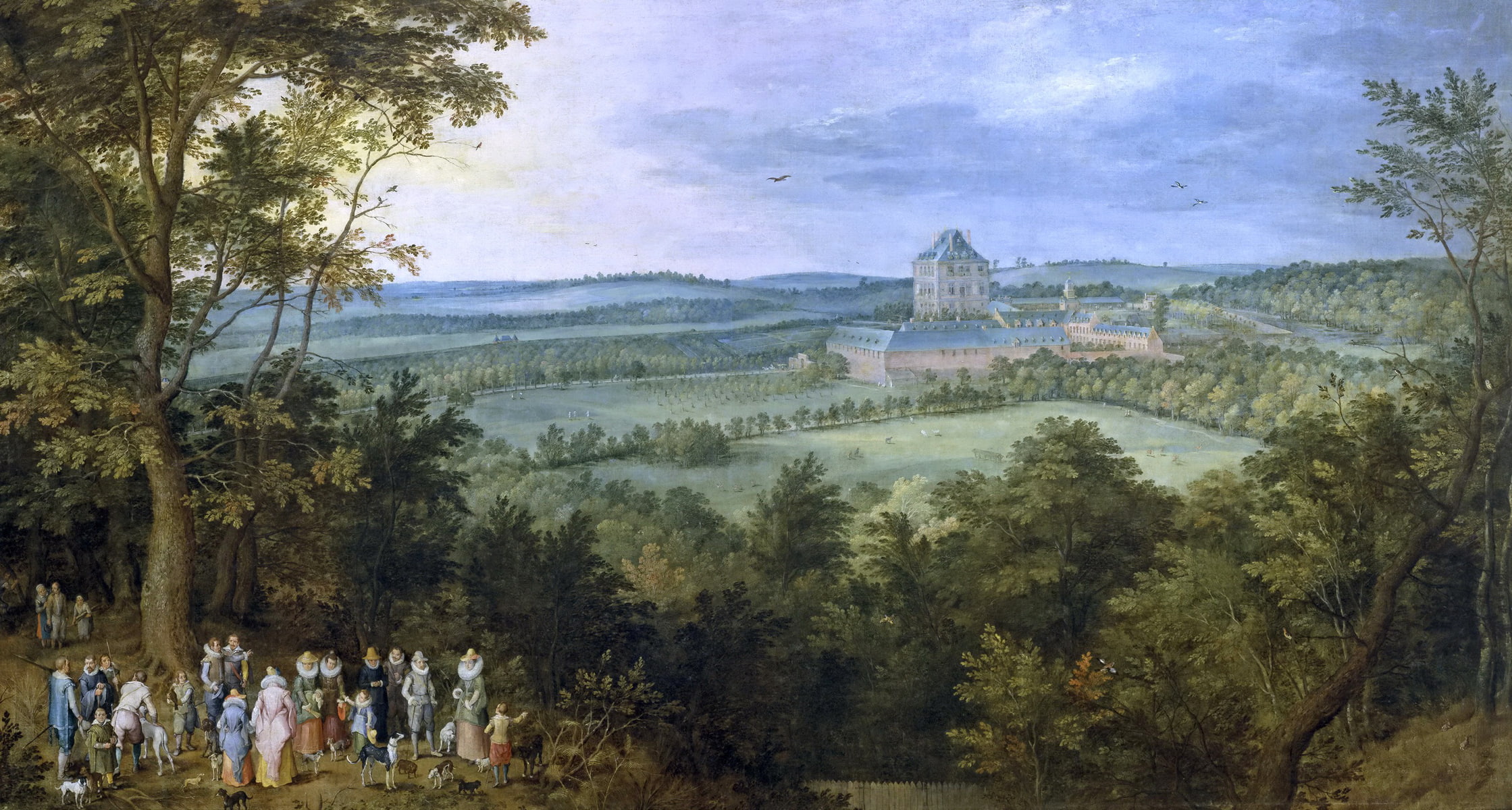 field, trees, people, picture, landscape, Jan Brueghel the elder, The Hunt Of The Grand Dukes, 1080P, castle, HD Wallpaper