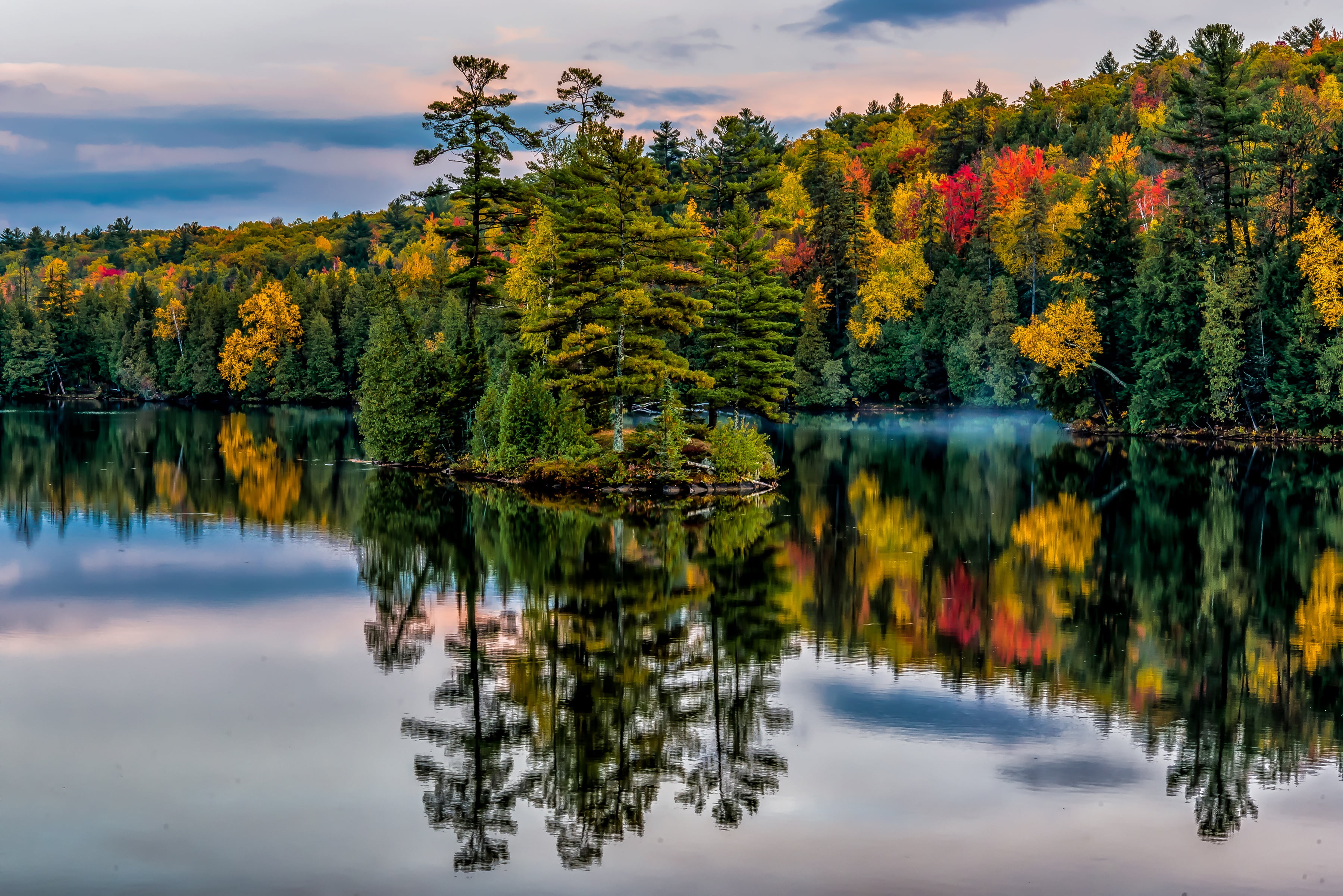 island, trees, autumn, Ontario, 2K, Canada, reflection, lake, Park, Garden of Eden, forest, HD Wallpaper