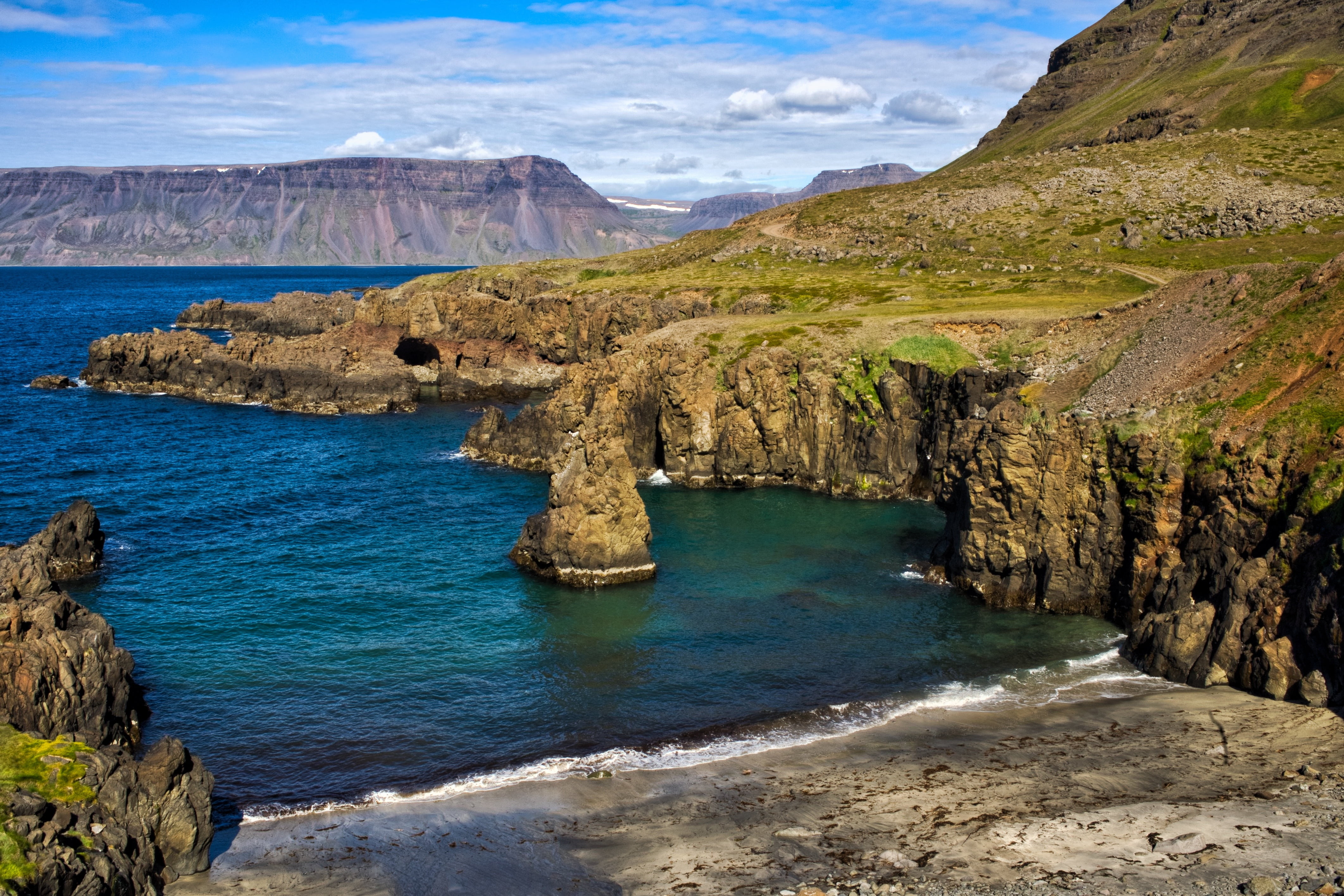 land, non-urban scene, rocky coastline, outdoors, tourism, landscape, volcanic, iceland, summer, day, trekking, tranquil scene, formation, extreme, journey, HD Wallpaper