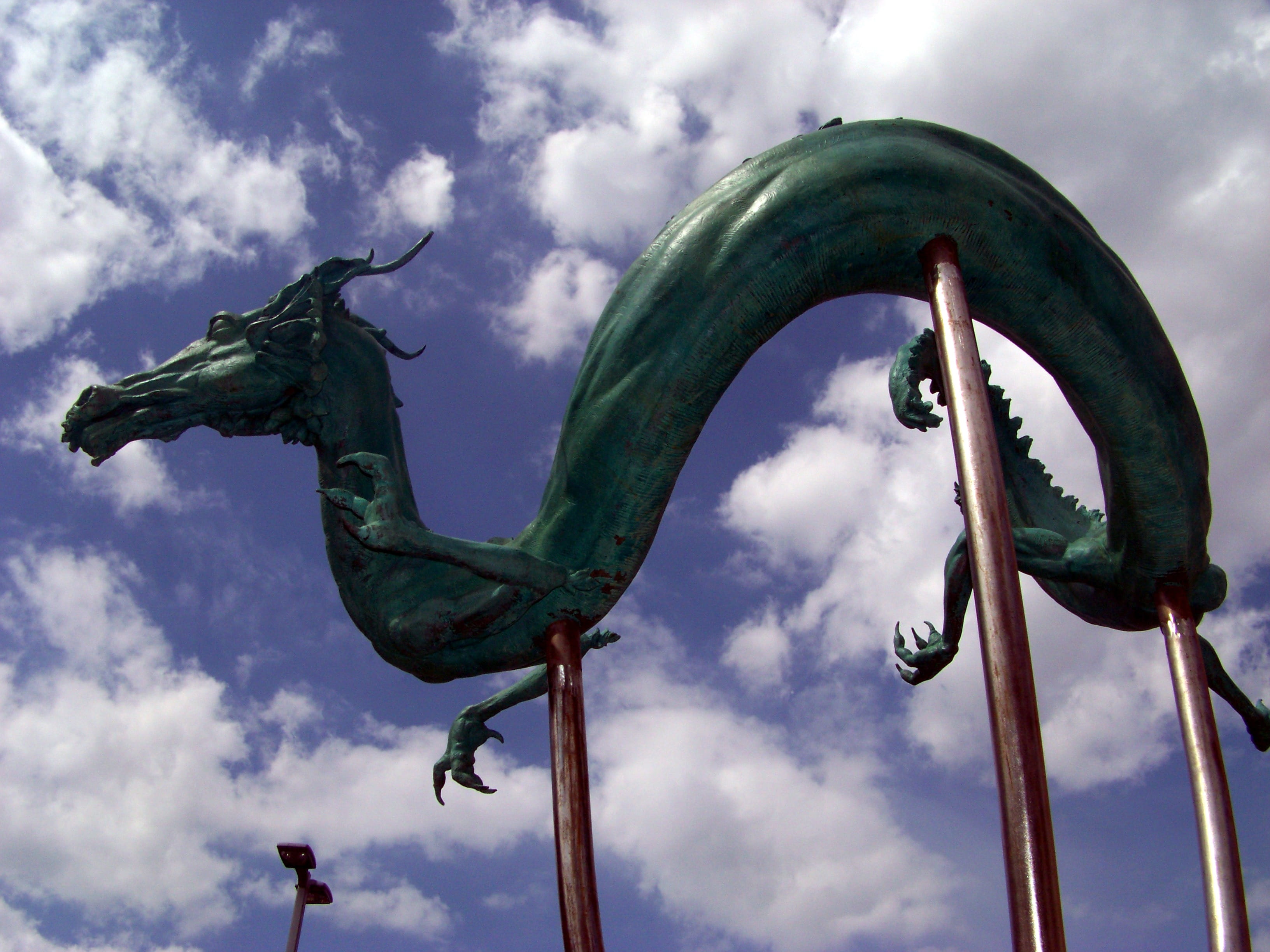 2K, mythical, dragon, outdoors, overcast, art and craft, chinatown, animal, Sculpture, Statue, high, Dragons, chinese, sky, symbols, fictional, clouds, HD Wallpaper