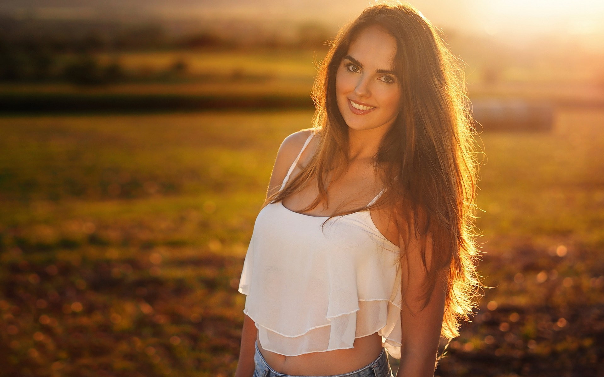long hair, young adult, one person, focus on foreground, portrait, outdoors, hot girl  hd 1920x1200, 1080P, adult, hair, sunset, looking at camera, women, HD Wallpaper