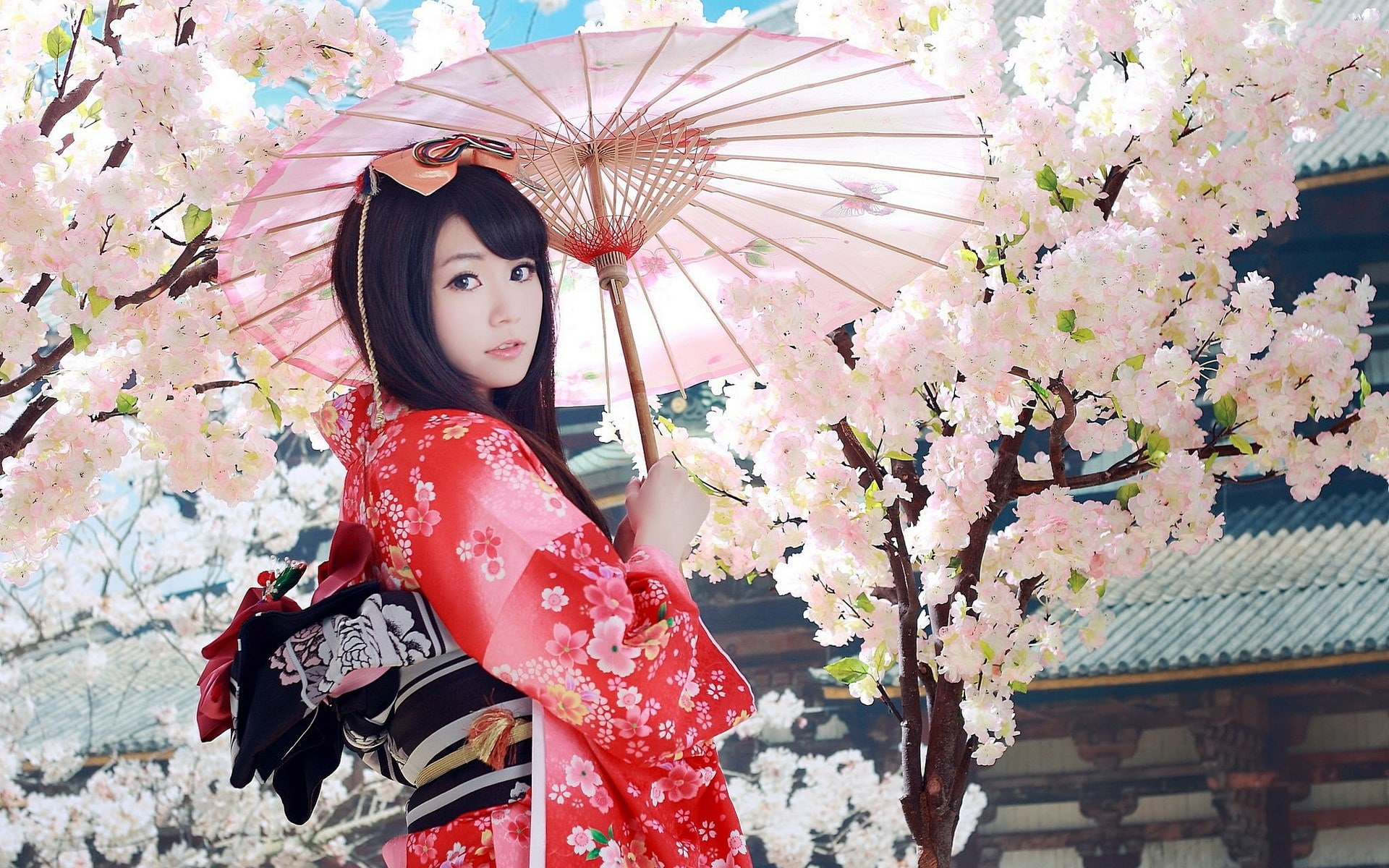 hairstyle, three quarter length, cute girl picture 1920x1200, umbrella, portrait, floral pattern, 1080P, plant, young women, looking at camera, women, HD Wallpaper