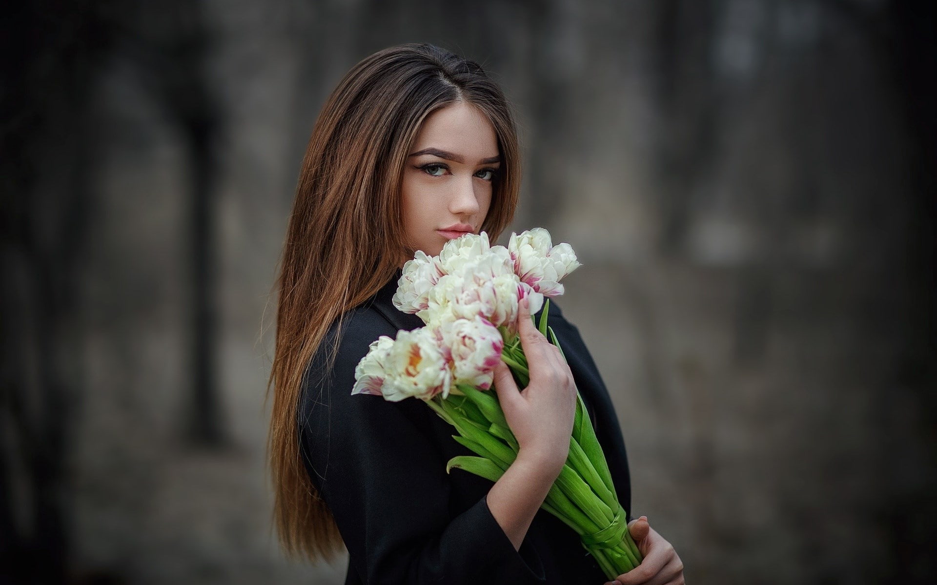 young adult, flower arrangement, bouquet, focus on foreground, hair, hairstyle, plant, 1080P, pretty girl pictures 1920x1200, young women, long hair, standing, HD Wallpaper