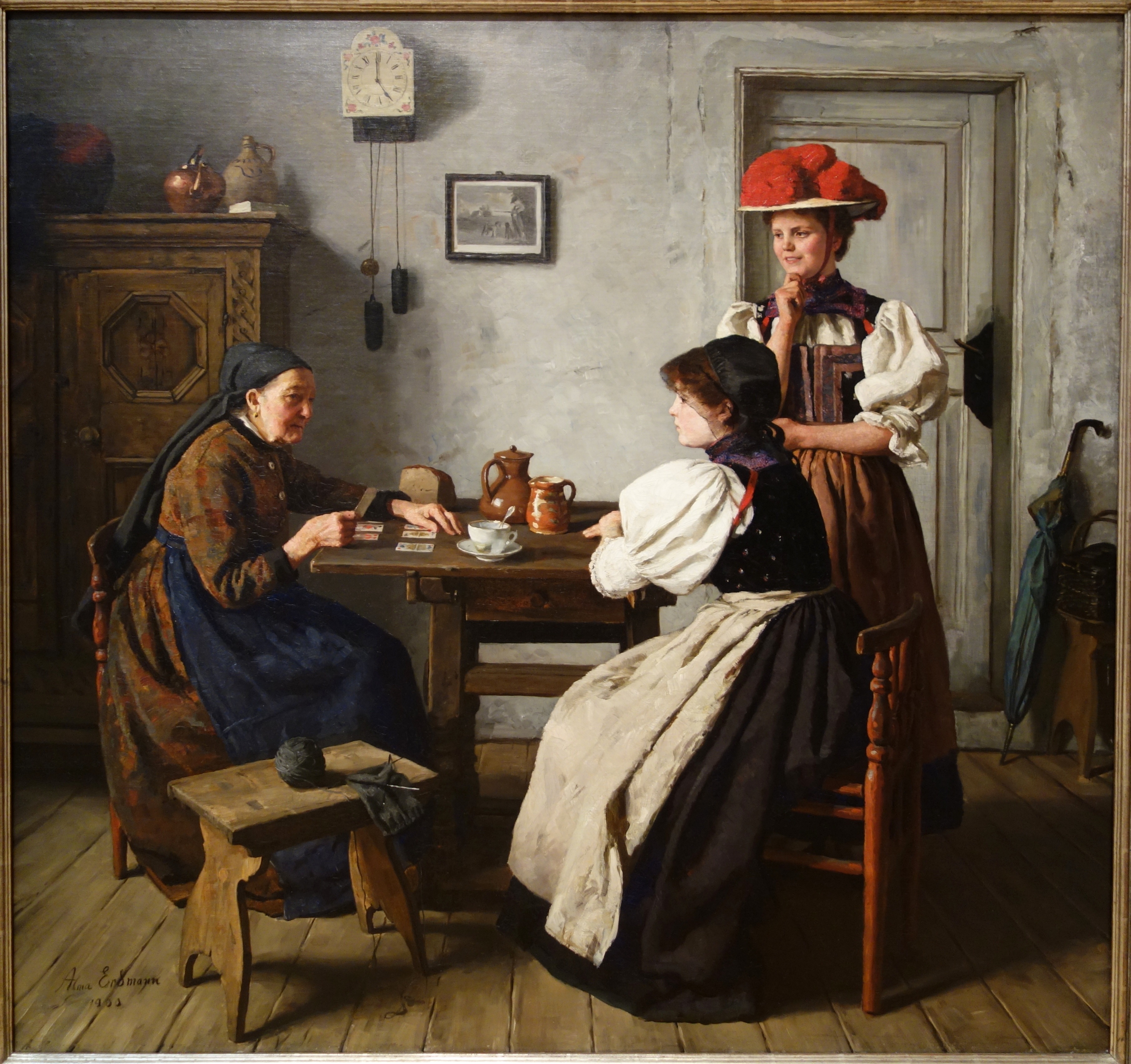 looking at camera, artwork, oil, men, at the fortune tellers, exhibit, chair, museum, women, males, females, alma erdmann, lifestyles, hat, woman, group of people, HD Wallpaper