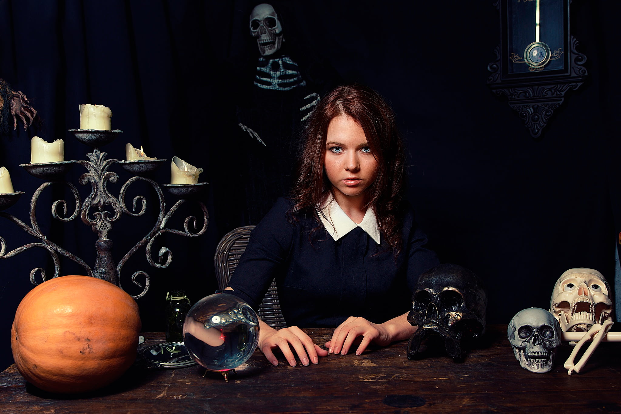 table, human skeleton, hairstyle, skeleton, looking at camera, females, Fortune Teller, contemplation, skull, front view, black color, human skull, 1080P, HD Wallpaper