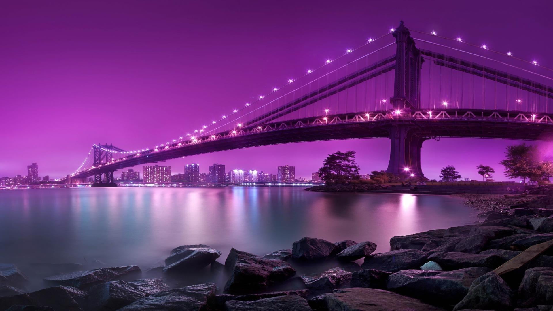 rocks, beautiful lights, trees, travel destinations, sky, illuminated, 1080P, purple, built structure, engineering, long exposure, water, reflection, cityscape, HD Wallpaper