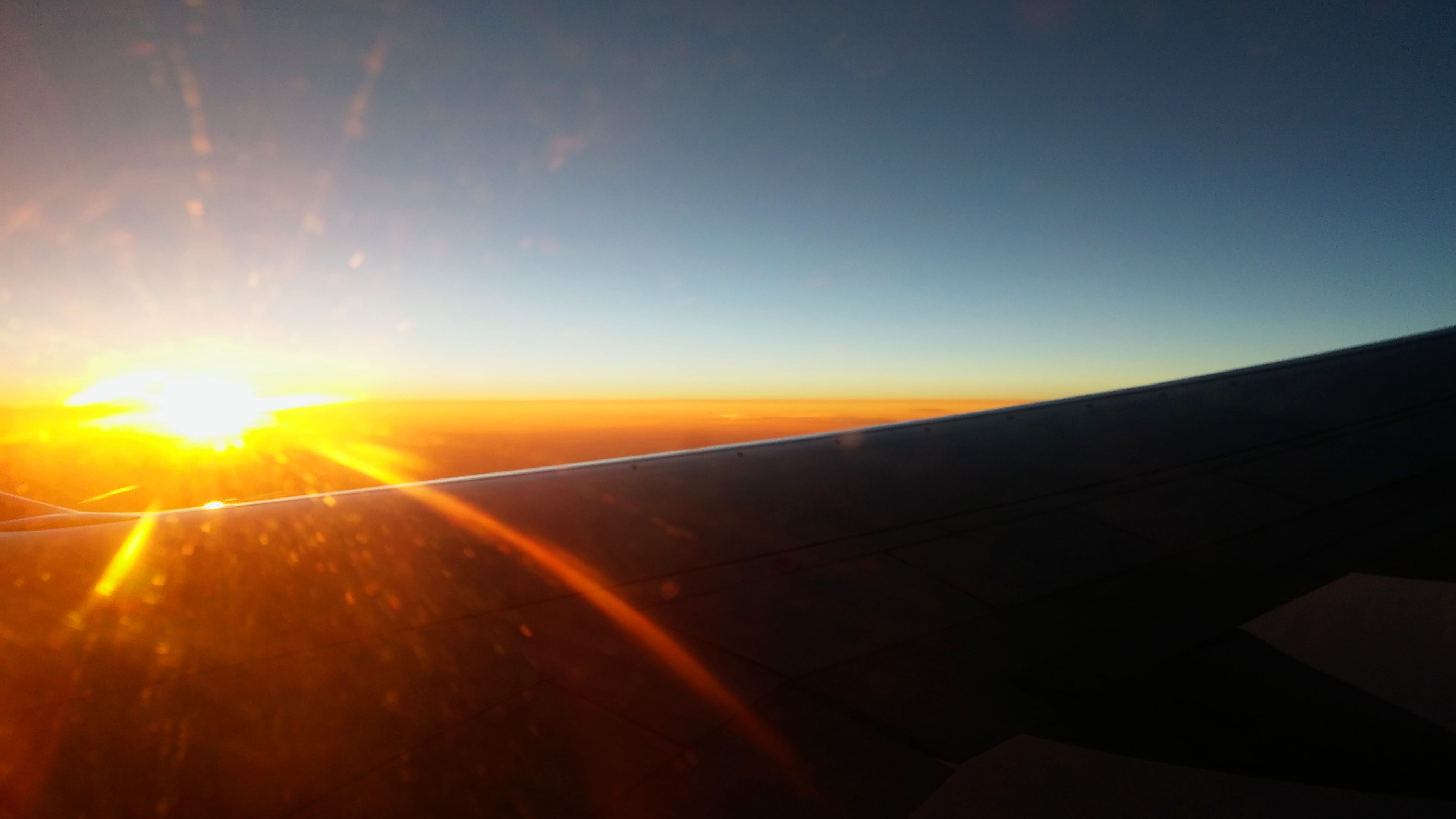 sun, solar flare, colour, air, usa, air vehicle, beauty in nature, los angeles, airplane, plane, kalifornien, sunlight, lens flare, sunset, 4K, bright, HD Wallpaper