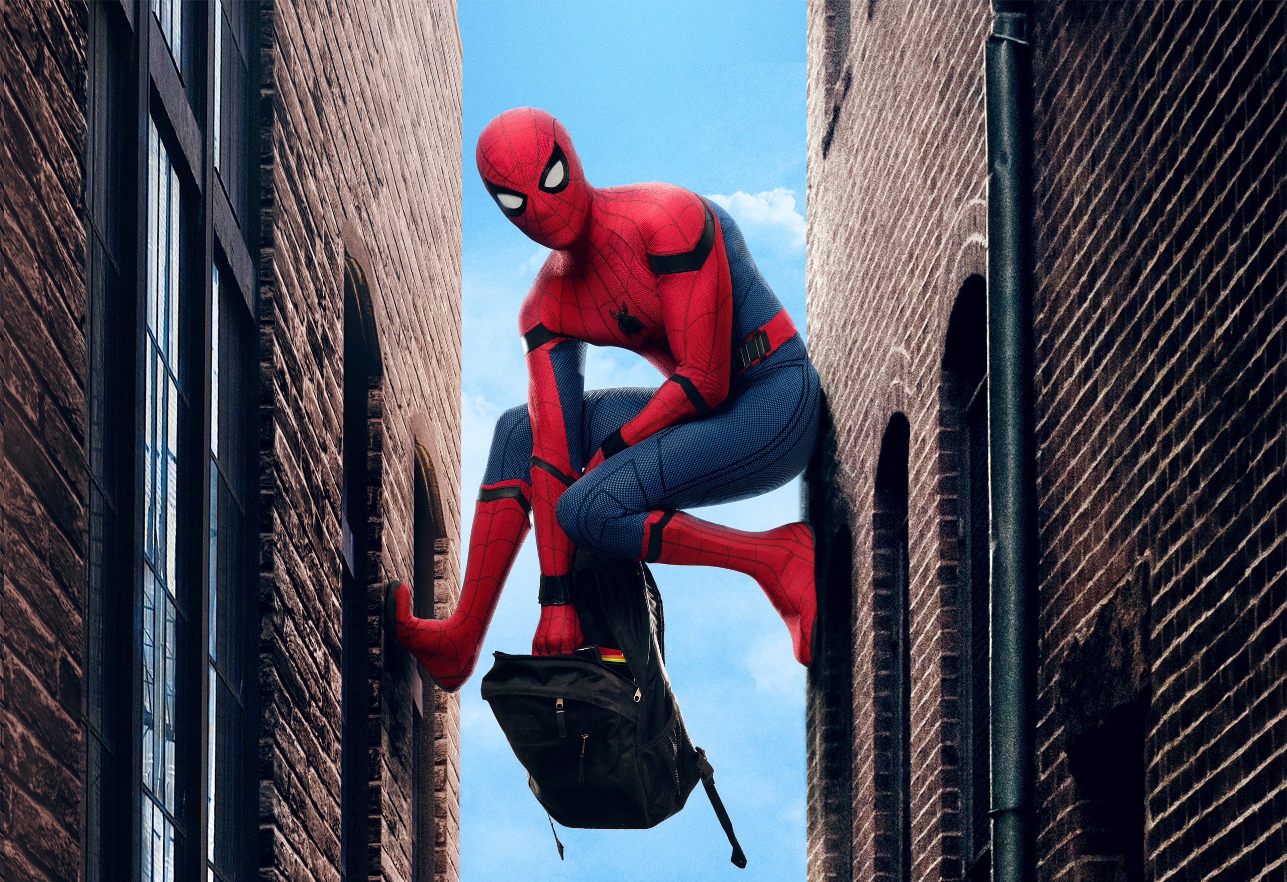 rope, red, helmet, building exterior, occupation, men, real people, architecture, low angle view, full length, hanging, clothing, outdoors, Spider-Man: Homecoming, HD Wallpaper