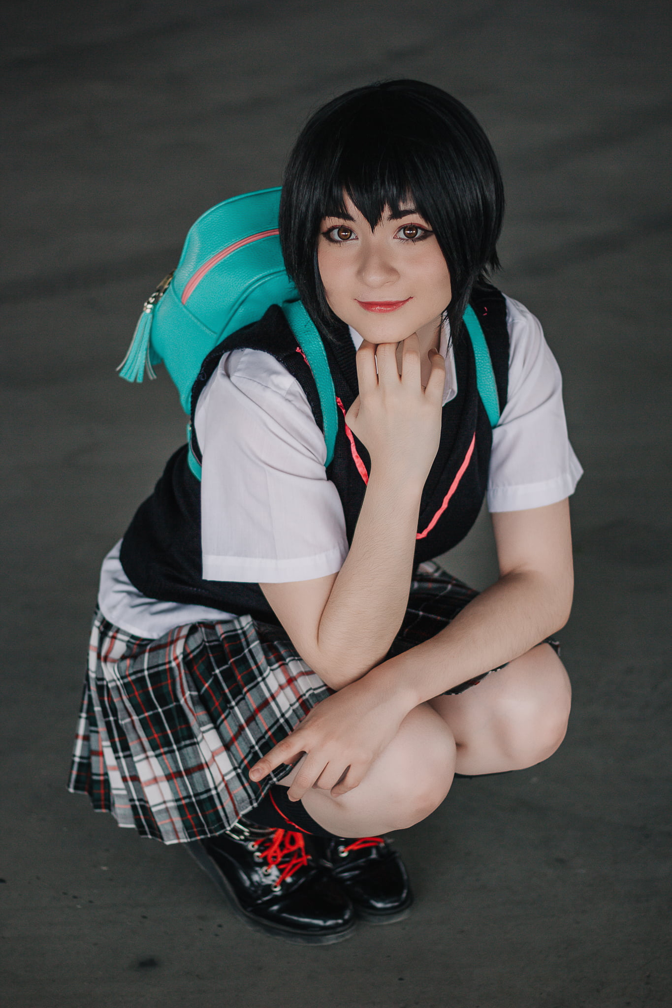 model, cosplay, schoolgirl, young woman, women, parking lot, urban, backpacks, short hair, 1080P, Cero Grey, Peni Parker, Phone HD Wallpaper