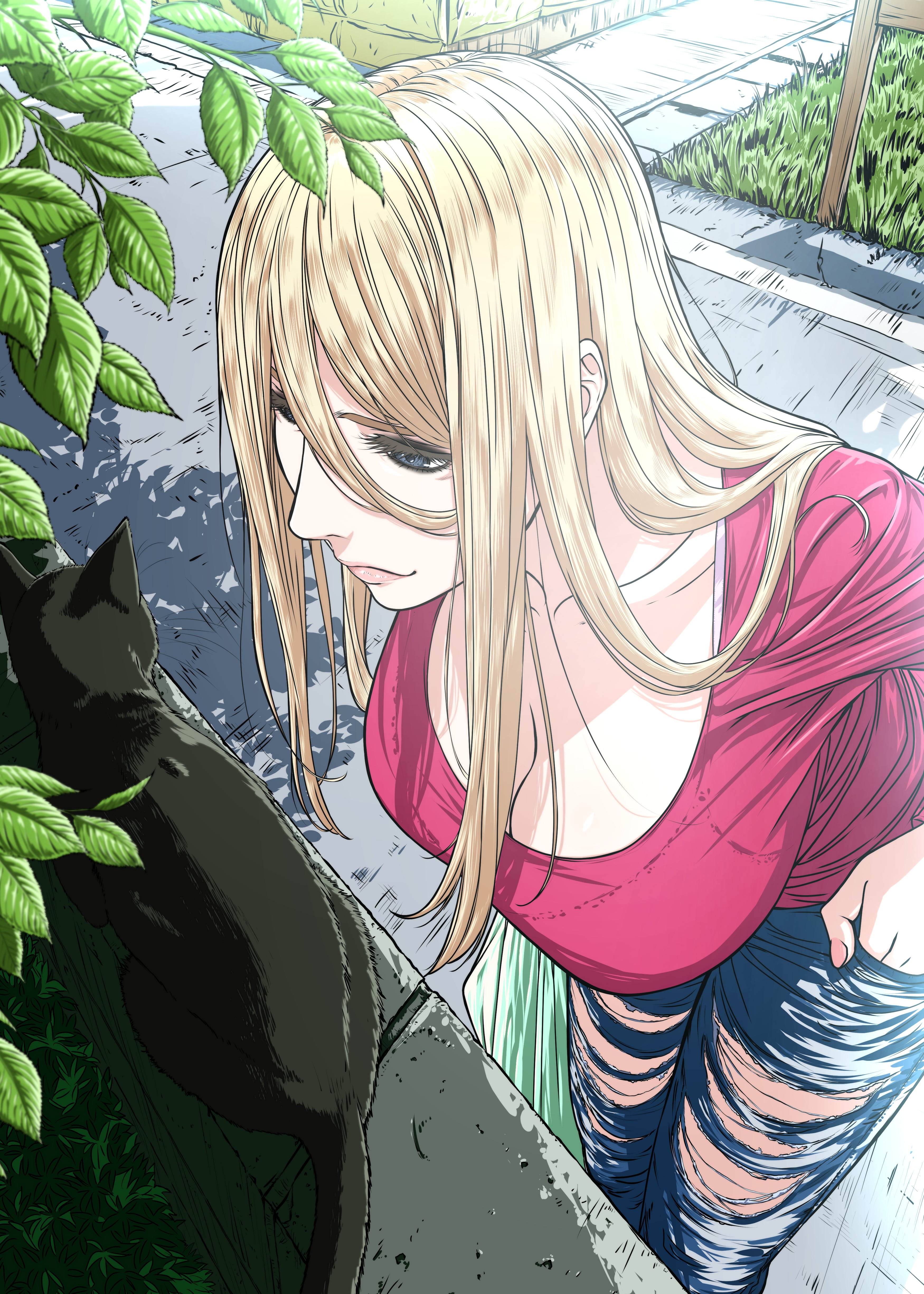 women with cat, blonde, portrait display, long hair, vertical, high angle, anime girls, T-shirt, cats, 2D, artwork, torn jeans, cleavage, digital art, jeans, Phone HD Wallpaper