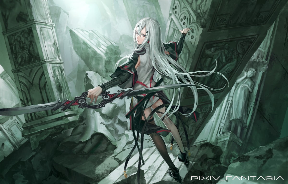 white hair, looking back, ruins, anime, Karadoa, Pixiv Fantasia T, dress, boots, anime girls, hair ornament, thigh-highs, long hair, fantasy weapon, 480P, HD Wallpaper
