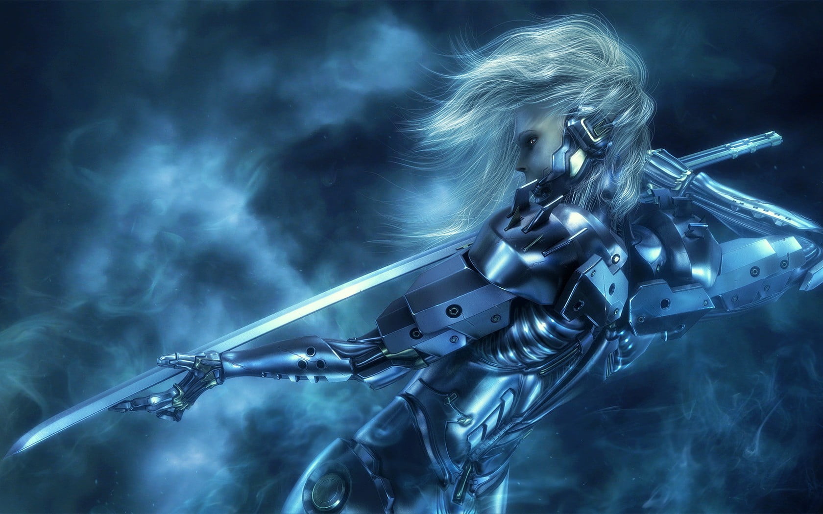 violence, waist up, 720P, weapon, aggression, armor, illustration, smoke - physical structure, metal, fighting, technology, futuristic, artwork, katana, HD Wallpaper