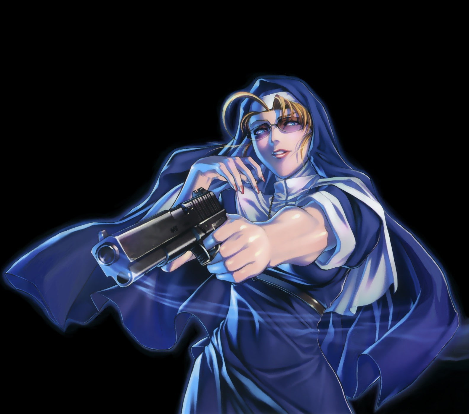 blue, females, weapon, portrait, laser, eda black lagoon, women, adult, aiming, 720P, hairstyle, studio shot, hair, indoors, waist up, young adult, gun, HD Wallpaper