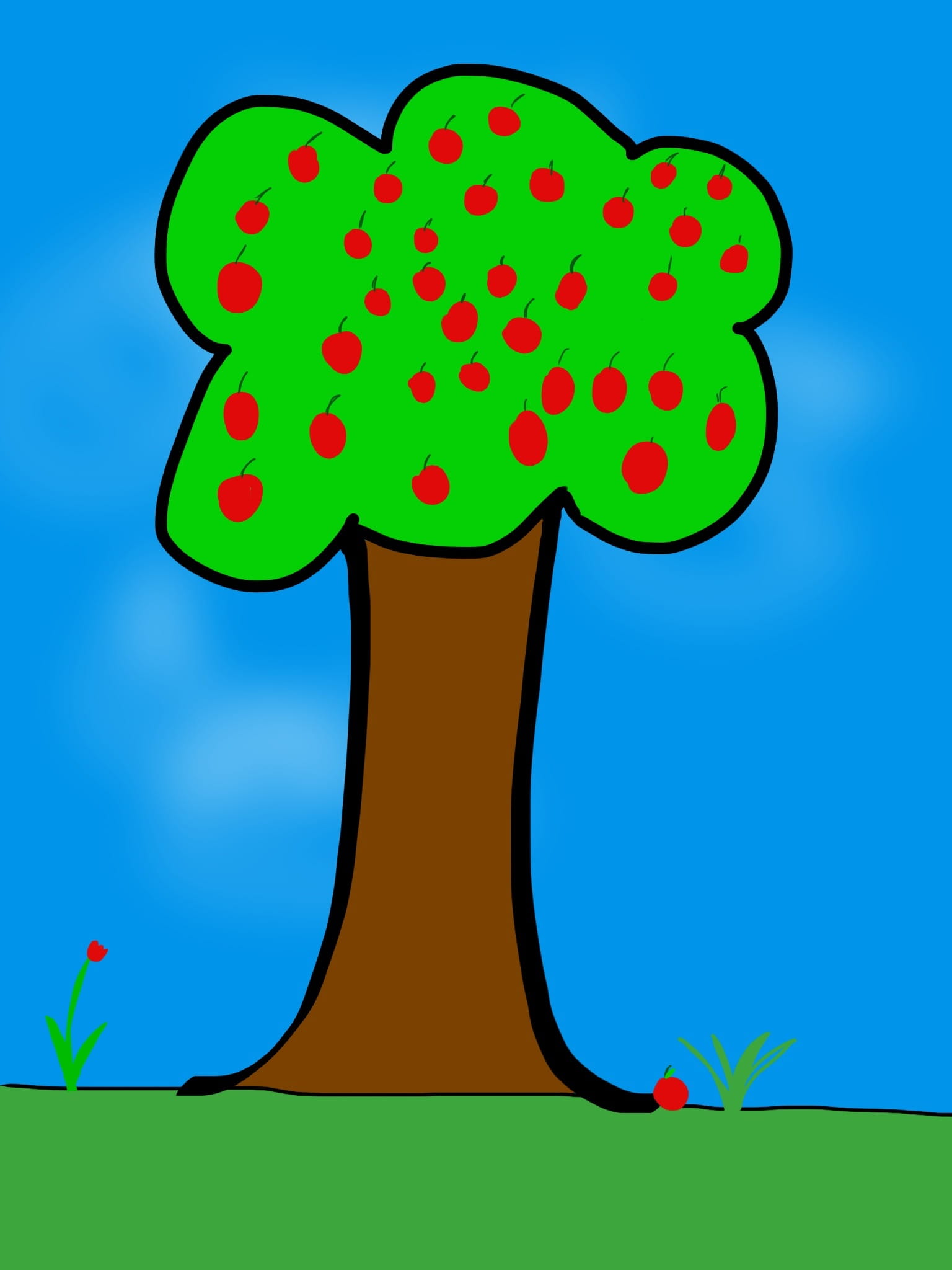 creativity, apple, close-up, cloud - sky, blue background, cartoon, plant, Tablet, sky, healthy eating, Picture, red, fruit, meadow, 1080P, Apple Tree, Phone HD Wallpaper