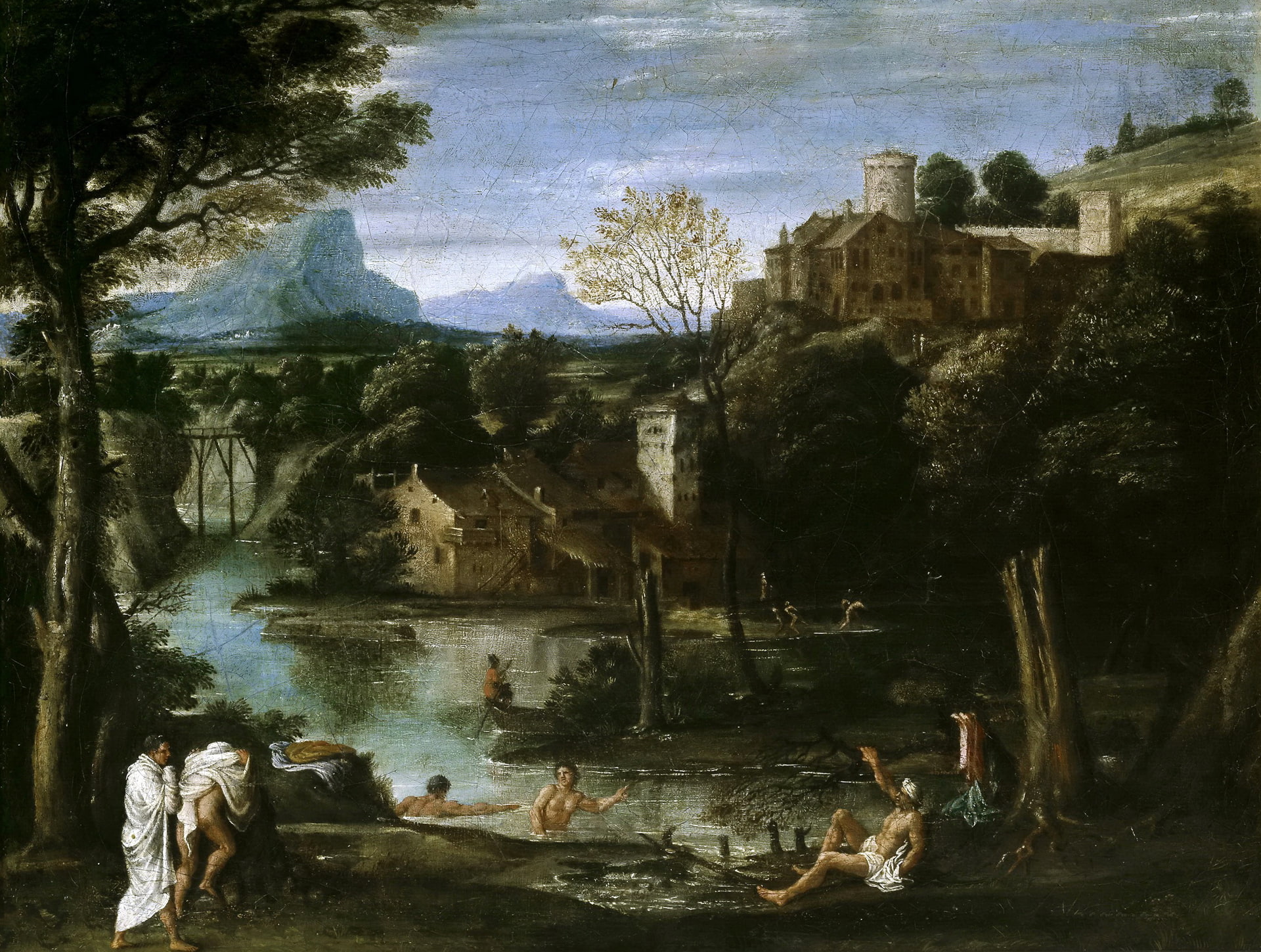 people, mountains, Landscape with Bathers, 1080P, picture, lake, trees, Agostino Carracci, HD Wallpaper