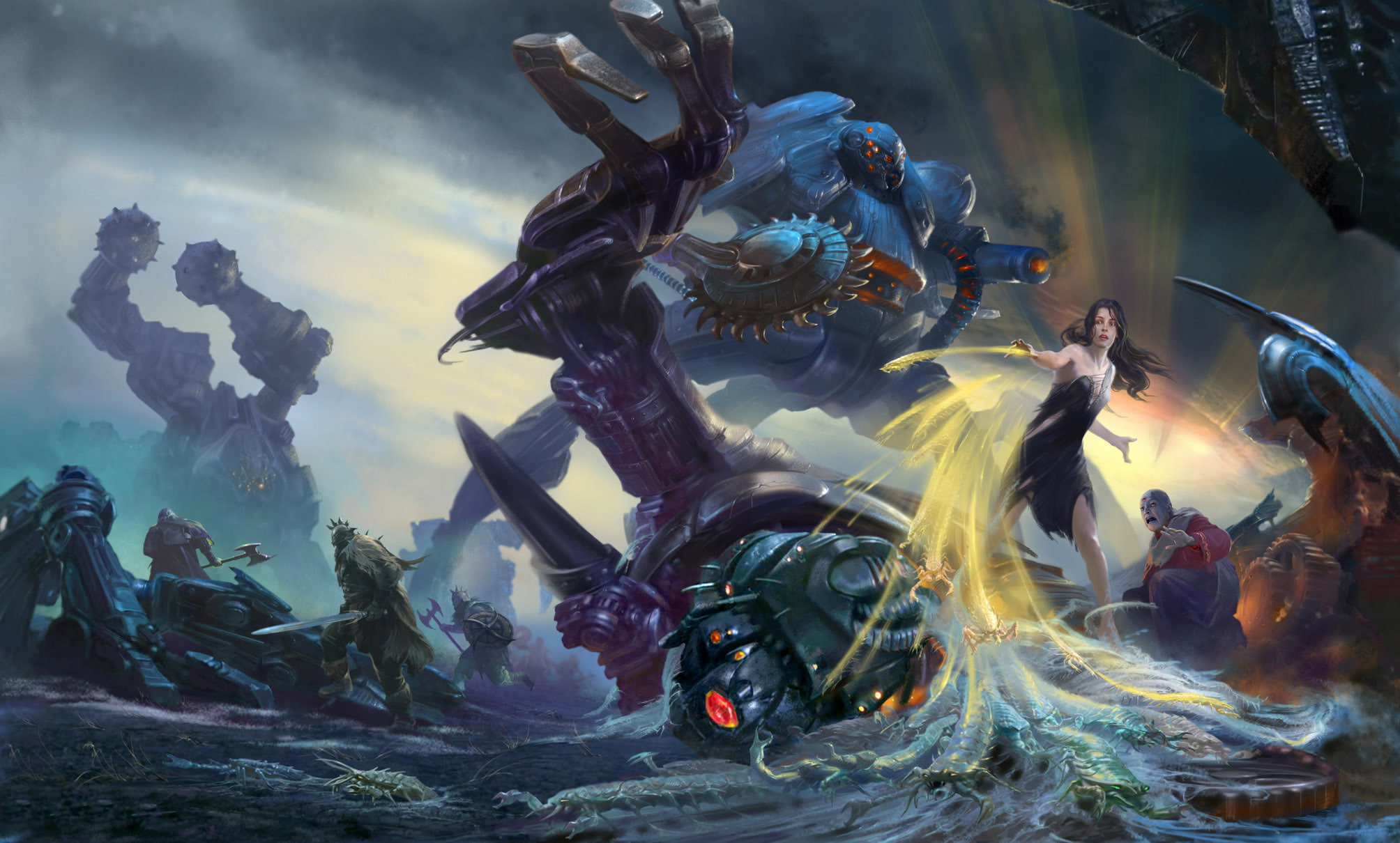 girl, a mixture of genres, battle, Robots, 1080P, rpg, weapons, warriors, insects, HD Wallpaper