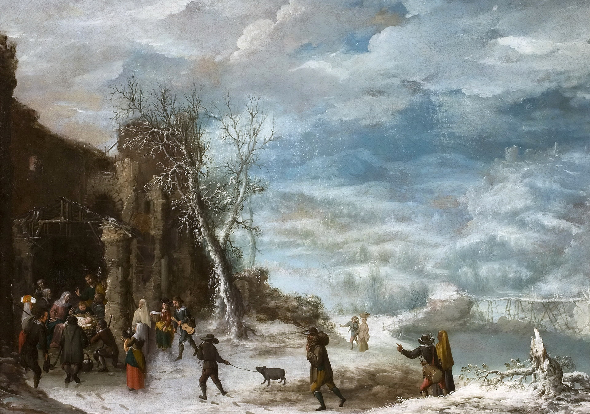 Winter Landscape with the Adoration of the Shepherds, mythology, winter, 1080P, picture, people, Francisco Collantes, HD Wallpaper