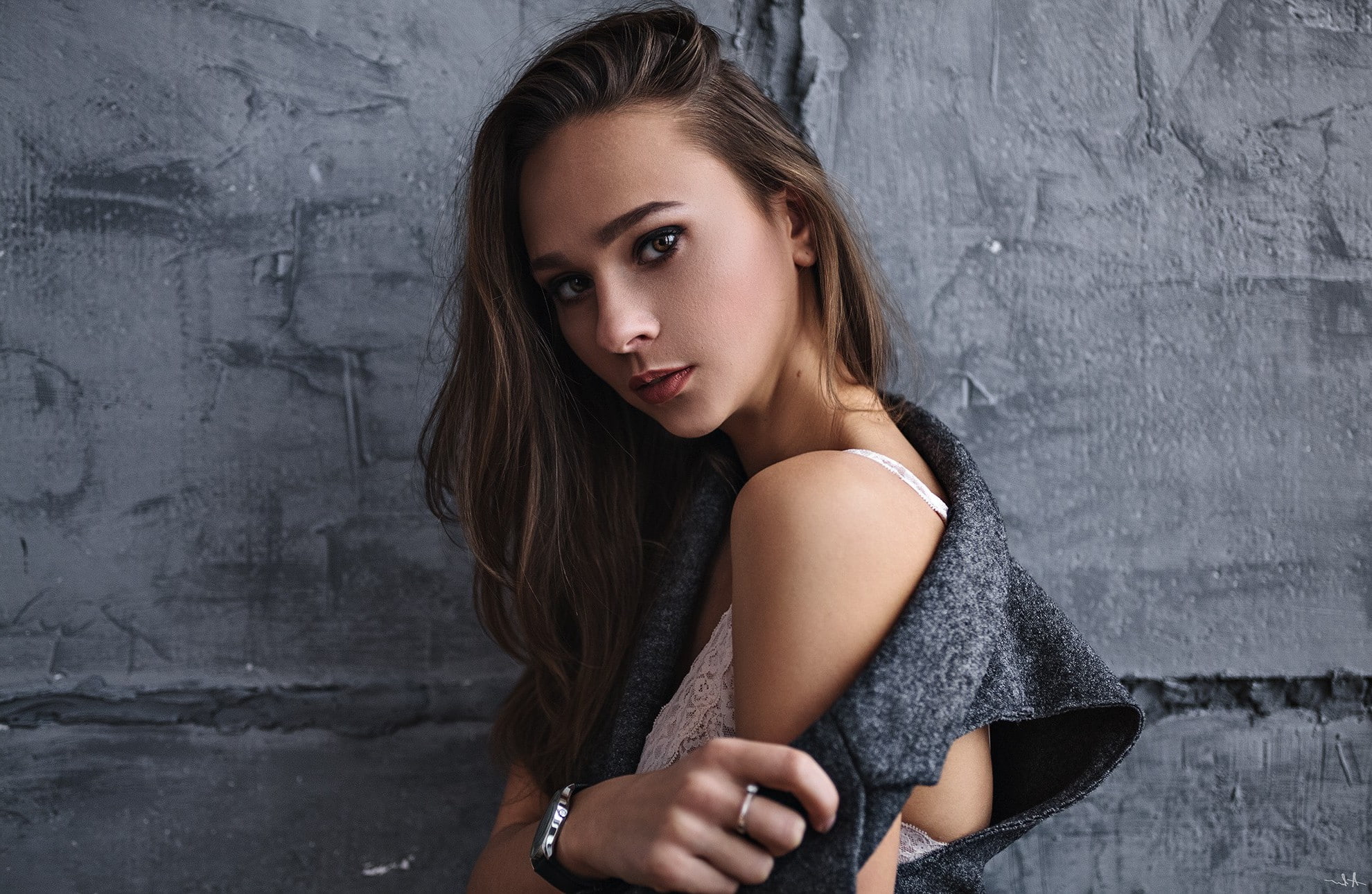 teenager, young women, looking at camera, adult, indoors, beautiful people, gray, women, one person, beautiful woman, young adult, wall - building feature, HD Wallpaper