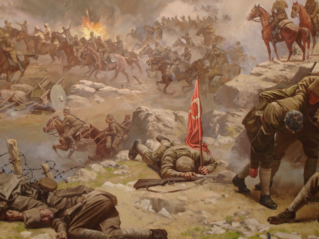 army soldier, artwork, outdoors, armed forces, the past, domestic animals, animal, flag, representation, nature, 720P, conflict, domestic, uniform, Turkish, HD Wallpaper