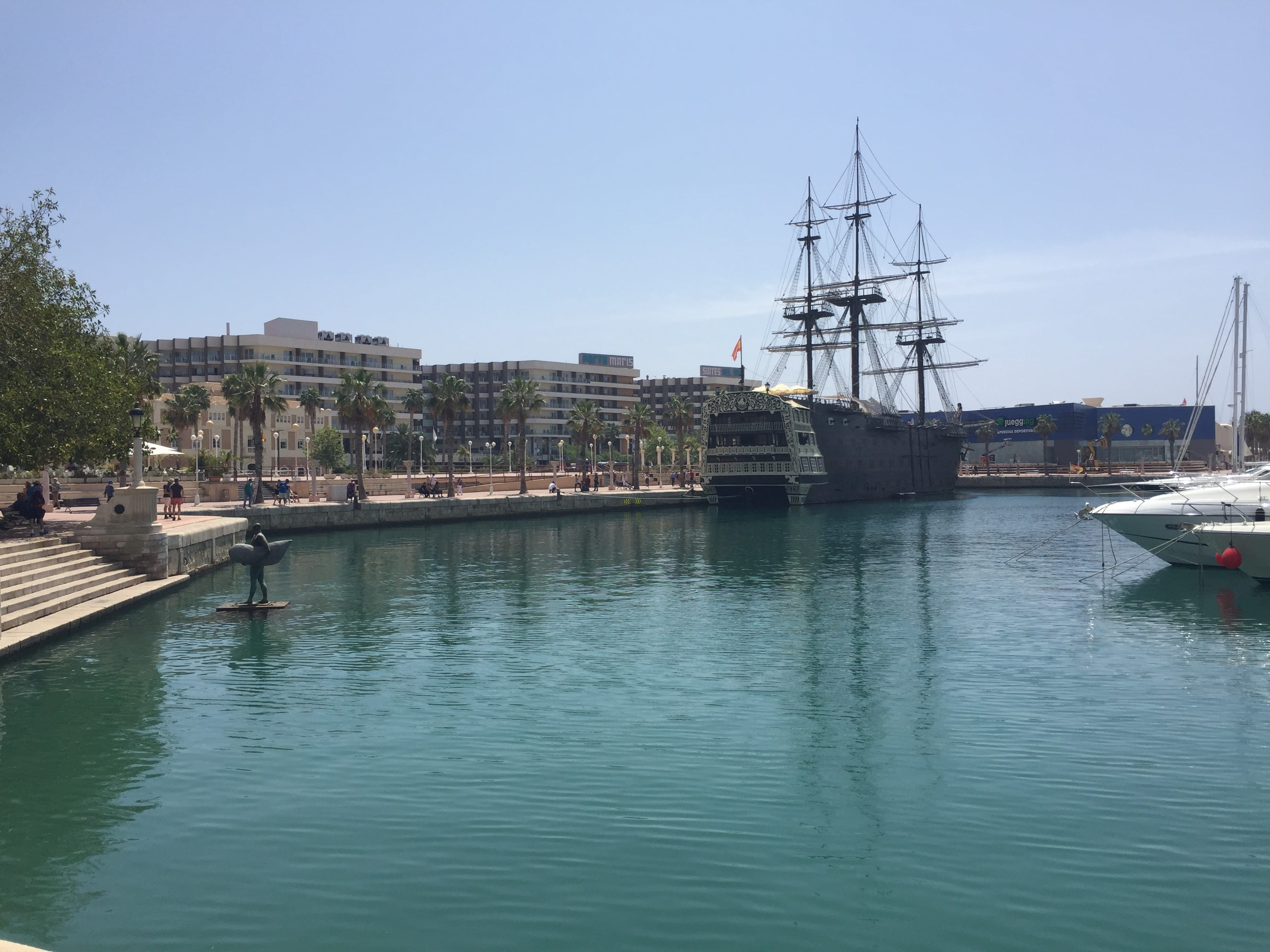 spain, water, building exterior, ensanche diputación, pole, 2K, no people, port, boat, sailboat, clear sky, sky, mast, transportation, passenger craft, HD Wallpaper