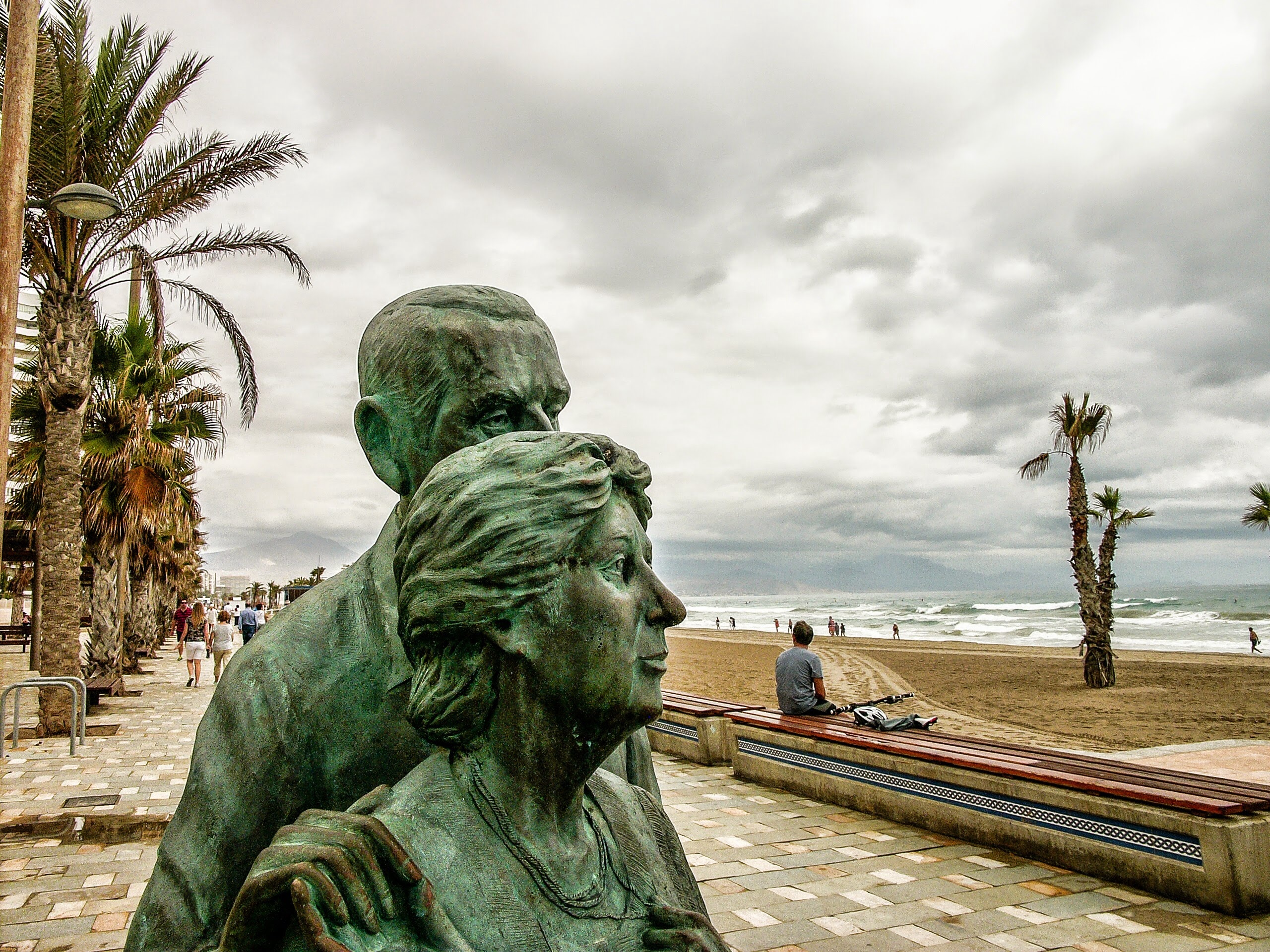 mediterranean sea, male likeness, outdoors, famous Place, sculpture, art and craft, relax, san juan beach, cloud - sky, alicante, 2K, after orchards, water, HD Wallpaper