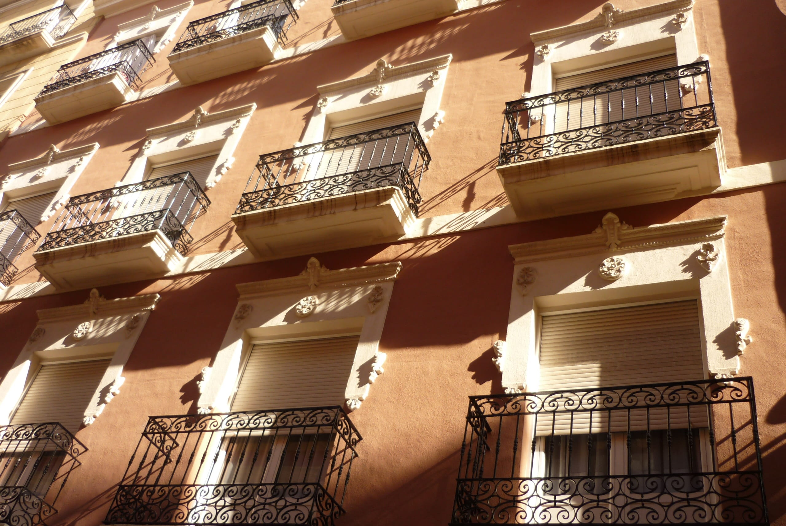 railing, nature, spain, in a row, window, day, backgrounds, outdoors, apartment, shadow, residential district, building exterior, full frame, no people, HD Wallpaper