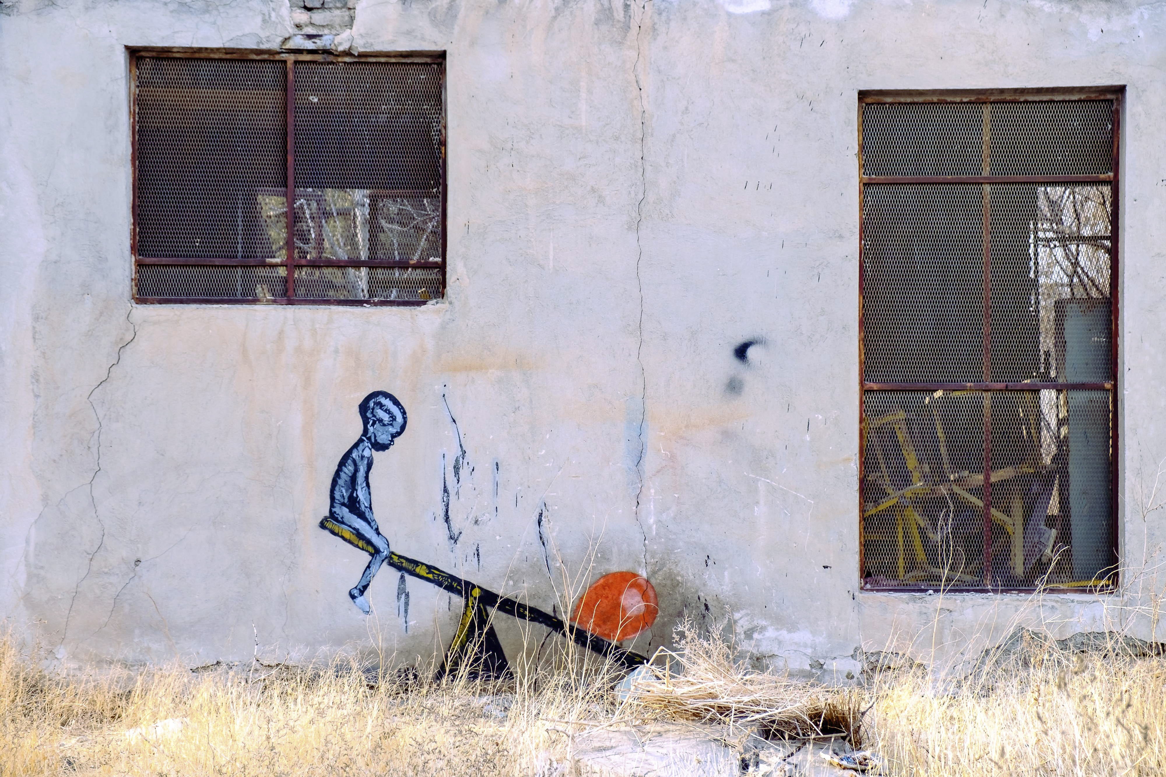 architecture, entrance, no people, window, seesaw, day, creativity, building, building exterior, door, damaged, graffiti, boy, balloon, weathered, 4K, HD Wallpaper