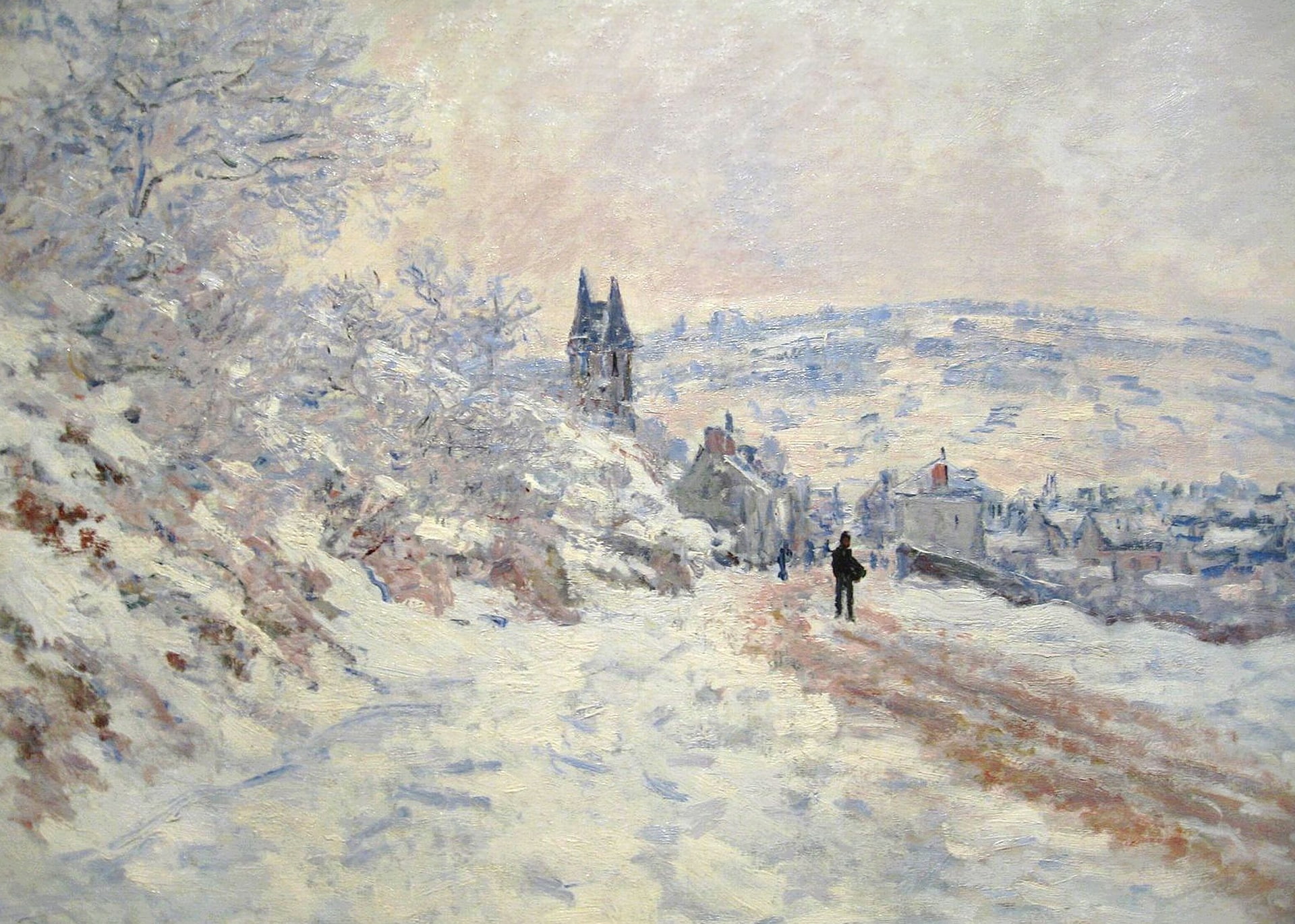 snow, picture, Claude Monet, winter, landscape, 1080P, The road to Vétheuil. Snow Effect, HD Wallpaper
