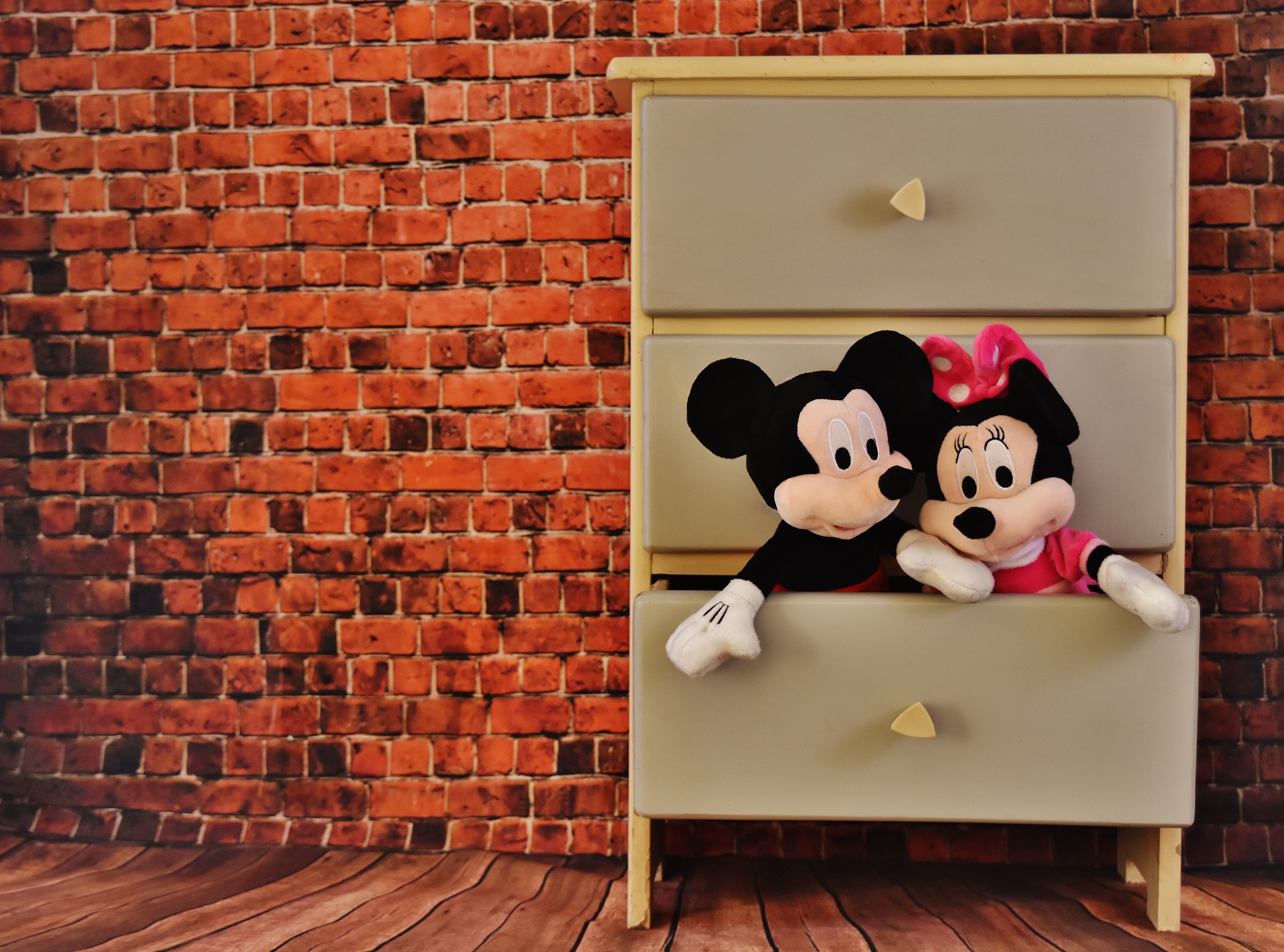 minnie, 4K, drawer, animal, micky mouse, funny, wood - material, stuffed toy, toy, representation, emotion, childhood, animal themes, teddy bear, wall, HD Wallpaper