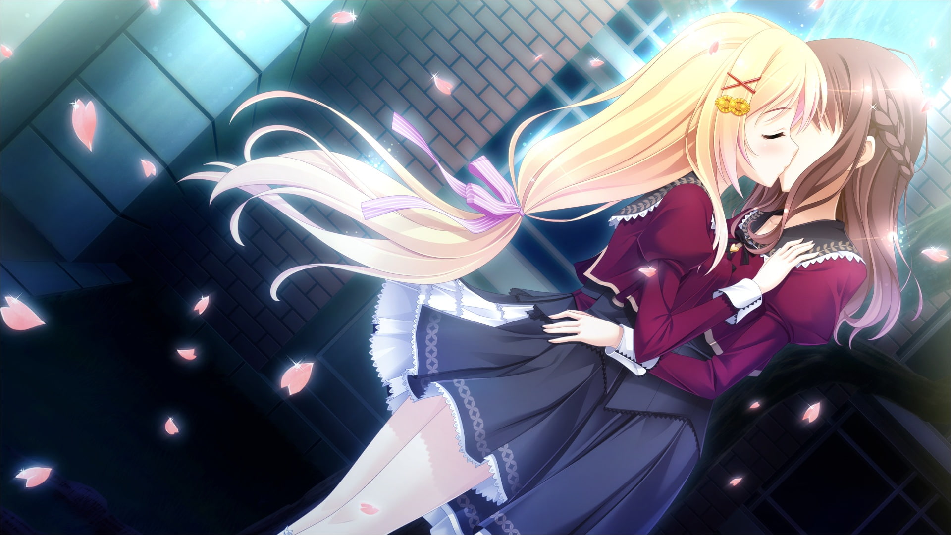 company, long, kiss, otome, game, trap, hair, sakura, rondo, kimishima, mahara, mau, aoi, petals, ensemble, brown, seifuku, 1080P, blonde, kadowaki, HD Wallpaper