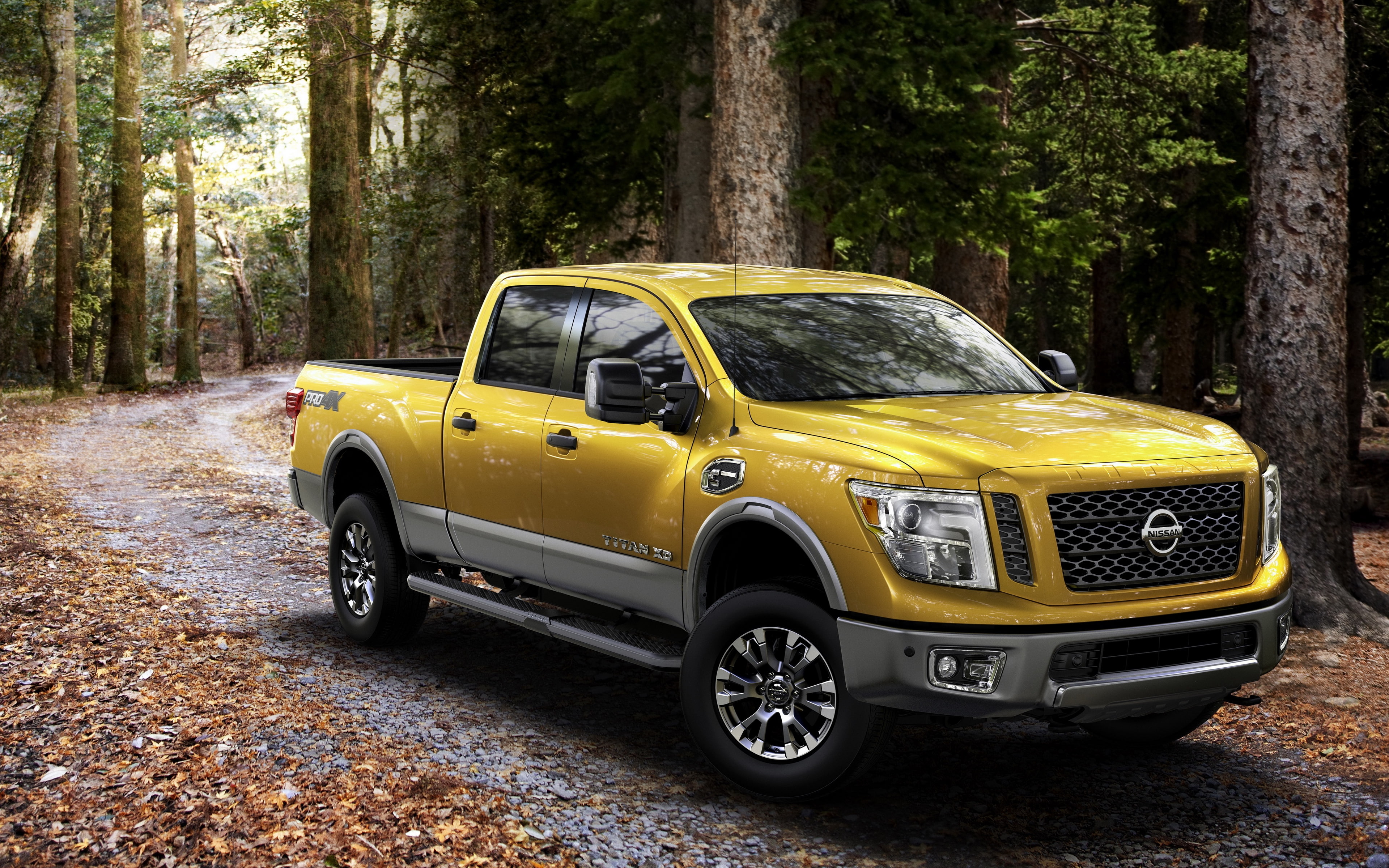 outdoors, no people, yellow, forest, trunk, tree trunk, land, 4K, vintage car, concept car, car, mode of transportation, Titan XD, road, tree, Nissan, HD Wallpaper