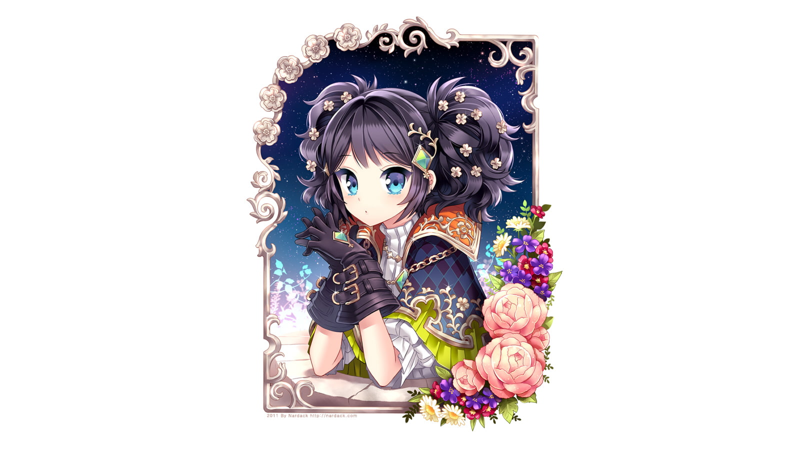 necklace, gloves, eyes, original, flowers, stars, blue, twintails, 720P, night, nardack, white, black, hair, HD Wallpaper