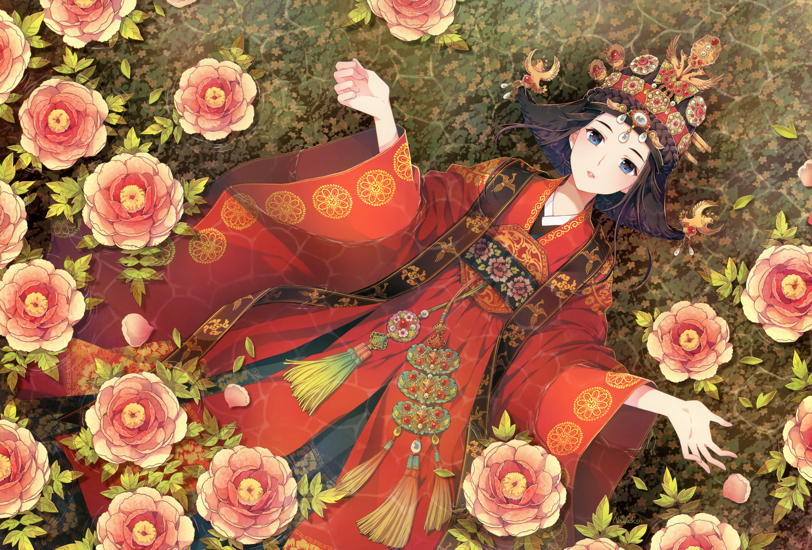 water, original, japanese, 2K, nardack, clothes, flowers, HD Wallpaper