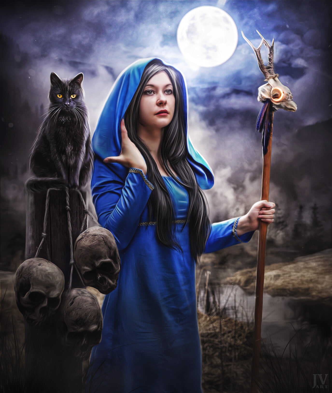 cats, hood, skull, Jan Verner, brunette, night, Photoshop, photo manipulation, mist, wizard, staff, women, 720P, long hair, moonlight, Phone HD Wallpaper