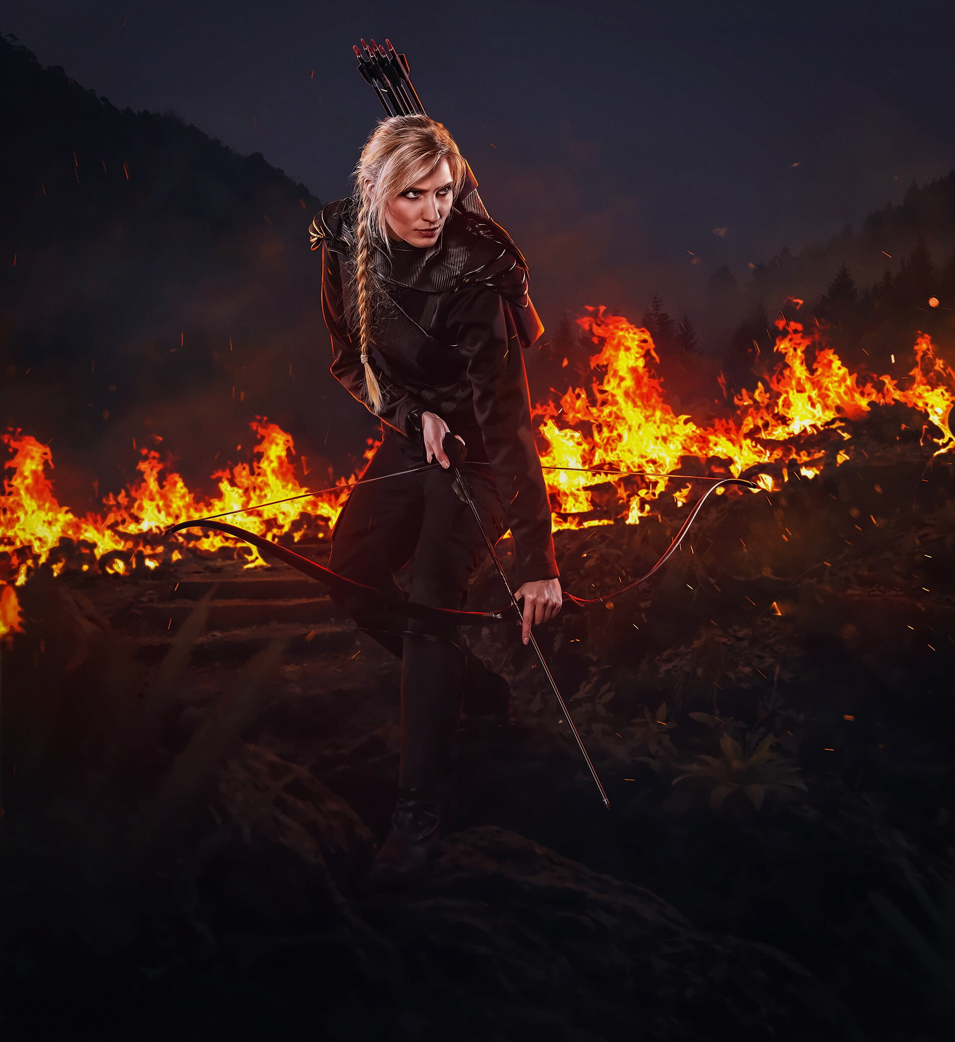 Photoshop, long hair, women, nature, Jan Verner, night, bow, arrows, armor, fire, blonde, 1080P, burning, photo manipulation, Phone HD Wallpaper