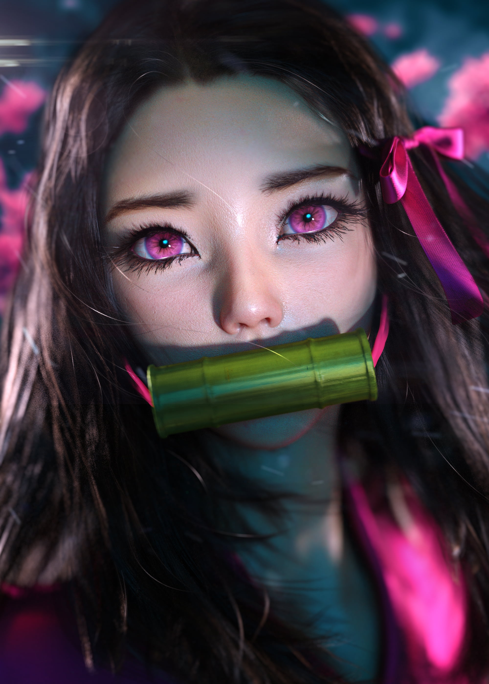 3D, artwork, brunette, 2K, digital art, Kamado Nezuko, Sevenbees, Kimetsu no Yaiba, closeup, fan art, anime, vertical, anime girls, CGI, portrait display, Phone HD Wallpaper