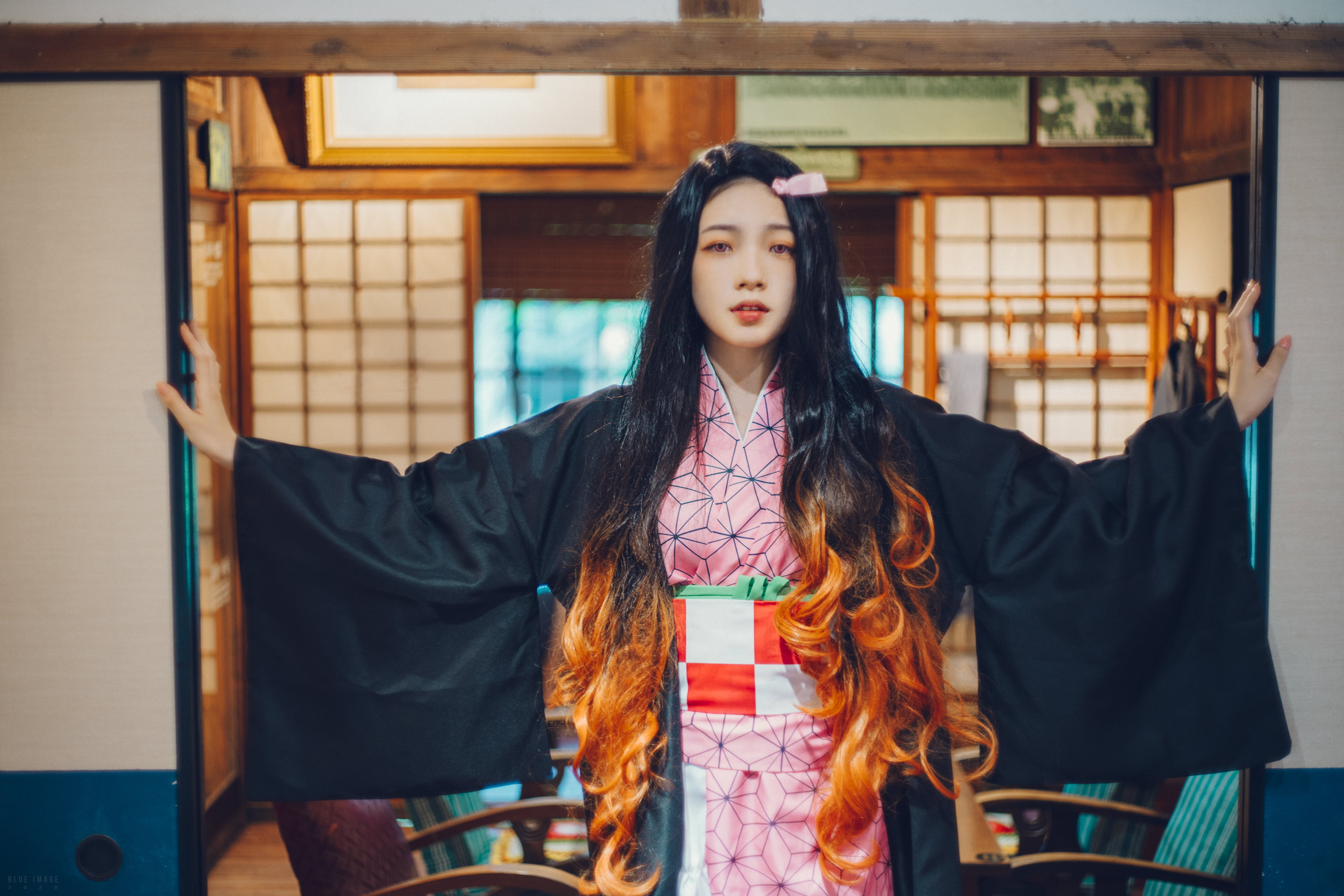 parted lips, black hair, portrait, women, 4K, women indoors, kimono, Kimetsu no Yaiba, Japanese clothes, Kamado Nezuko, frontal view, looking at viewer, HD Wallpaper