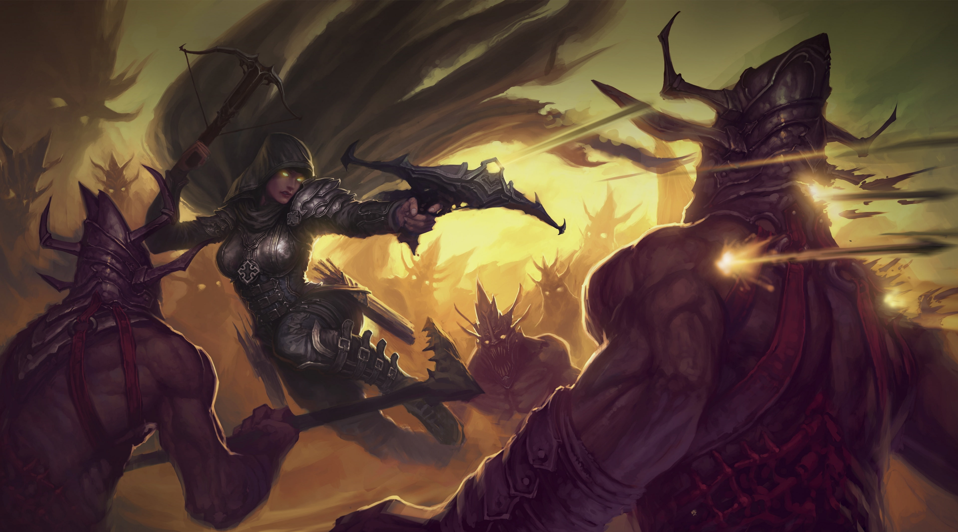 demon, leaf, illuminated, video game, waist up, diablo 3, plant part, motion, arrow, lifestyles, 4K, Games, human representation, concept art, art and craft, HD Wallpaper