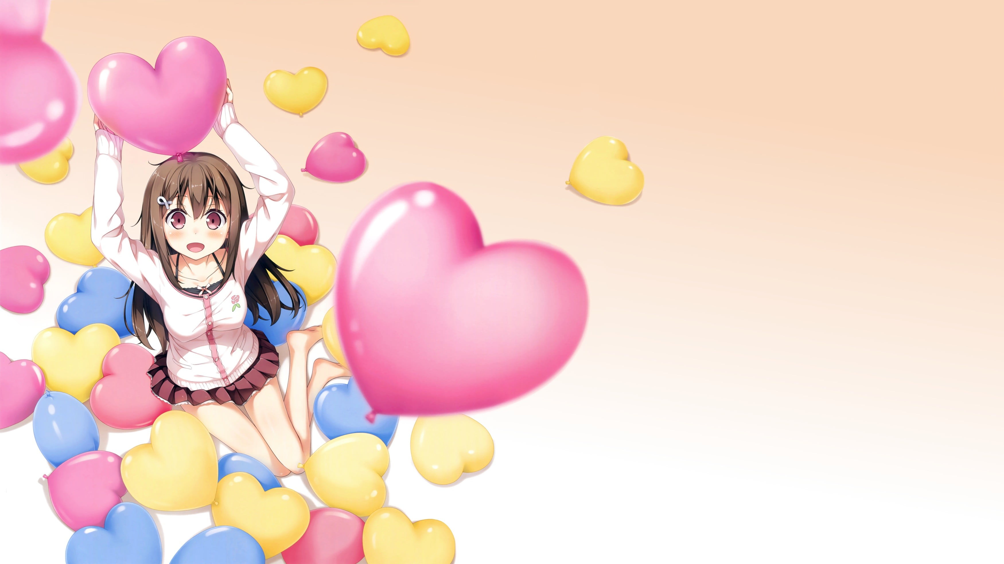 2K, long hair, childhood, heart, portrait, multi colored, fun, emotion, copy space, yellow, barefoot, large group of objects, child, red eyes, Togawa Mayu, HD Wallpaper