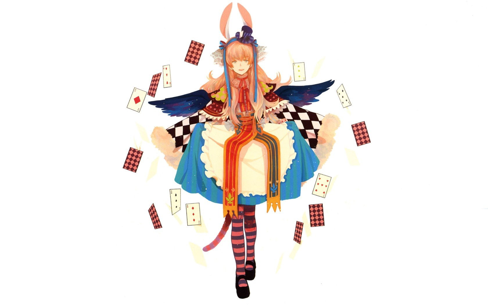 bunny, background, cards, striped, ears, dress, pixiv, simple, 720P, women, girls, legwear, white, anime, alice, HD Wallpaper