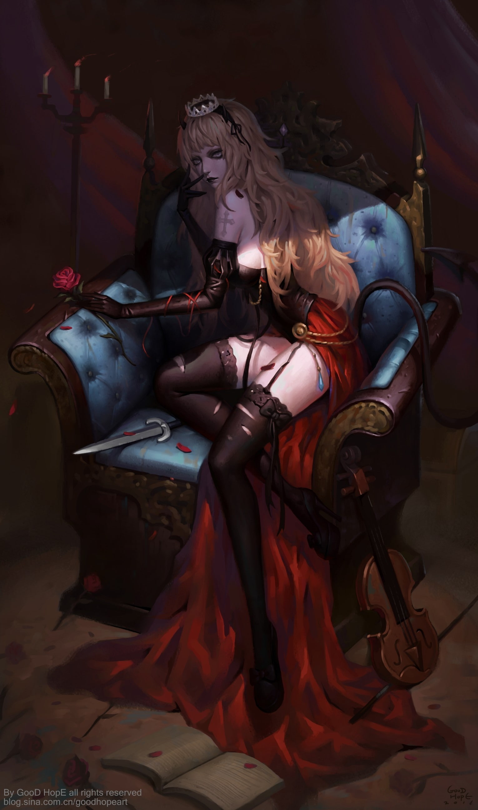 horns, tail, demon, fantasy art, crown, 2K, rose, Phone HD Wallpaper