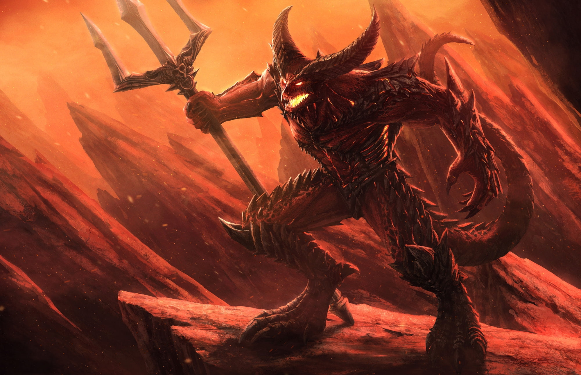 demon, spear, celebration, representation, sculpture, horned, fire, hair, one person, 1080P, outdoors, art and craft, long hair, Fantasy, hell, nature, HD Wallpaper
