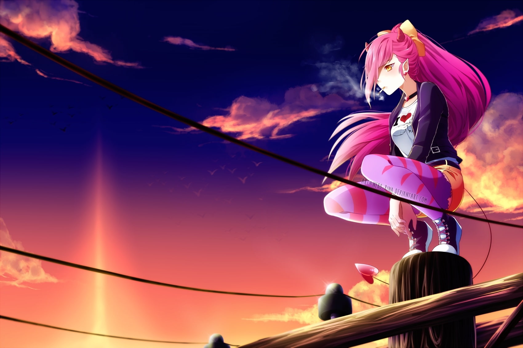horns, 720P, orange, sunset, sky, choker, tail, thighhighs, pink, demon, eyes, 236082, cigarette, shorts, hair, clouds, com, watermark, ponytail, smoking, HD Wallpaper