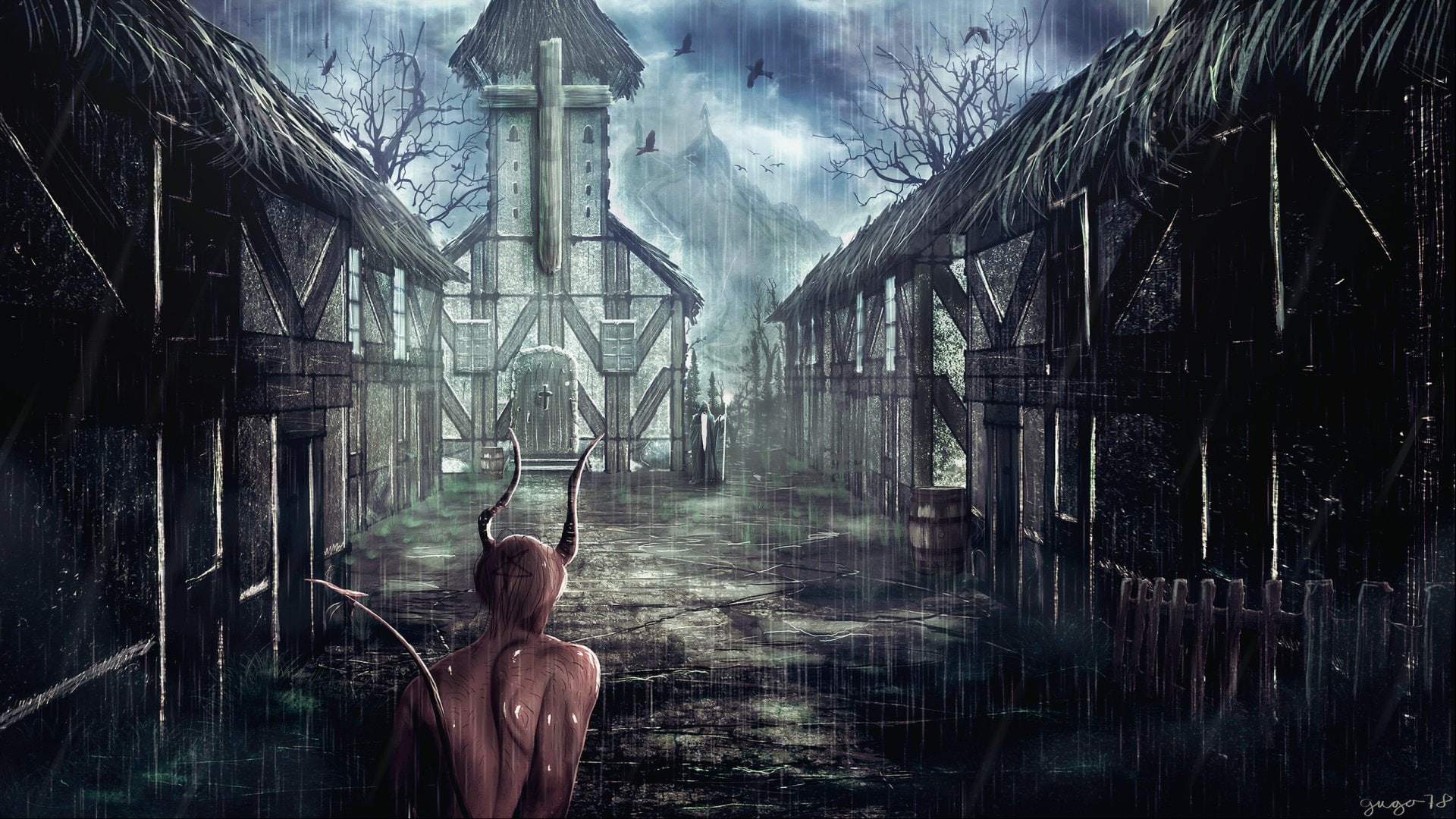 water, built structure, Fantasy, day, fog, Church, tree, wood - material, animal wildlife, bird, Rain, Town, outdoors, Demon, Horns, environment, rear view, HD Wallpaper
