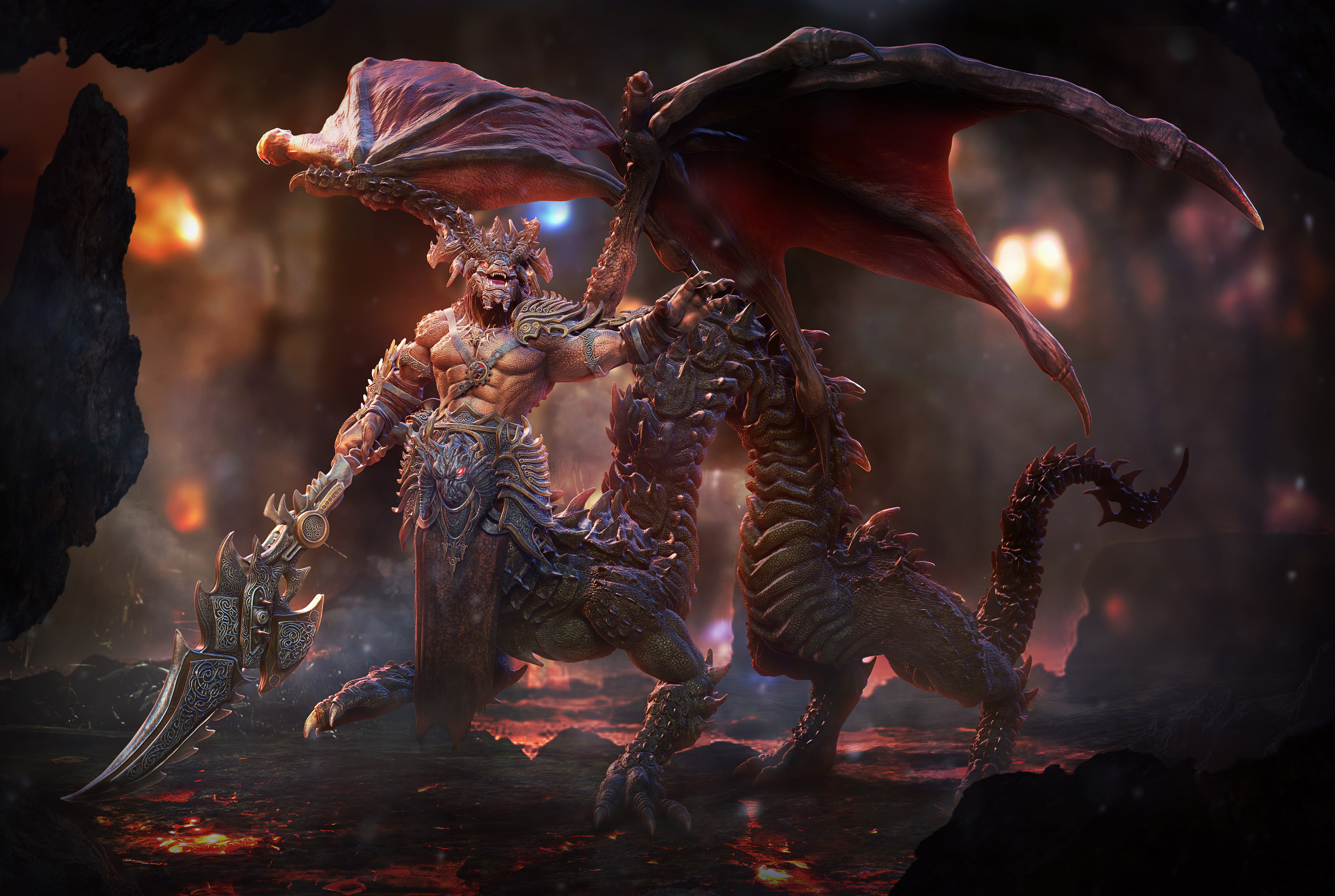 Lord Sorrow, dragon, cave, sword, the demon, art, tail, wings, 4K, lava, HD Wallpaper