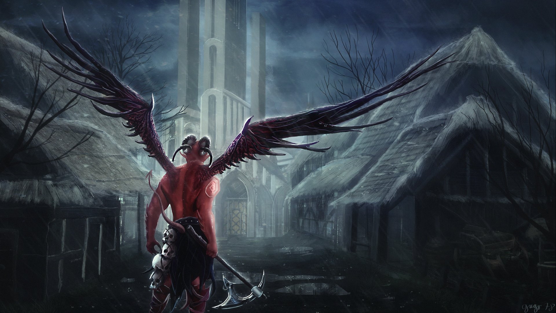 Horns, Wings, Fantasy, Tail, Weapon, Town, Demon, 1080P, Night, HD Wallpaper
